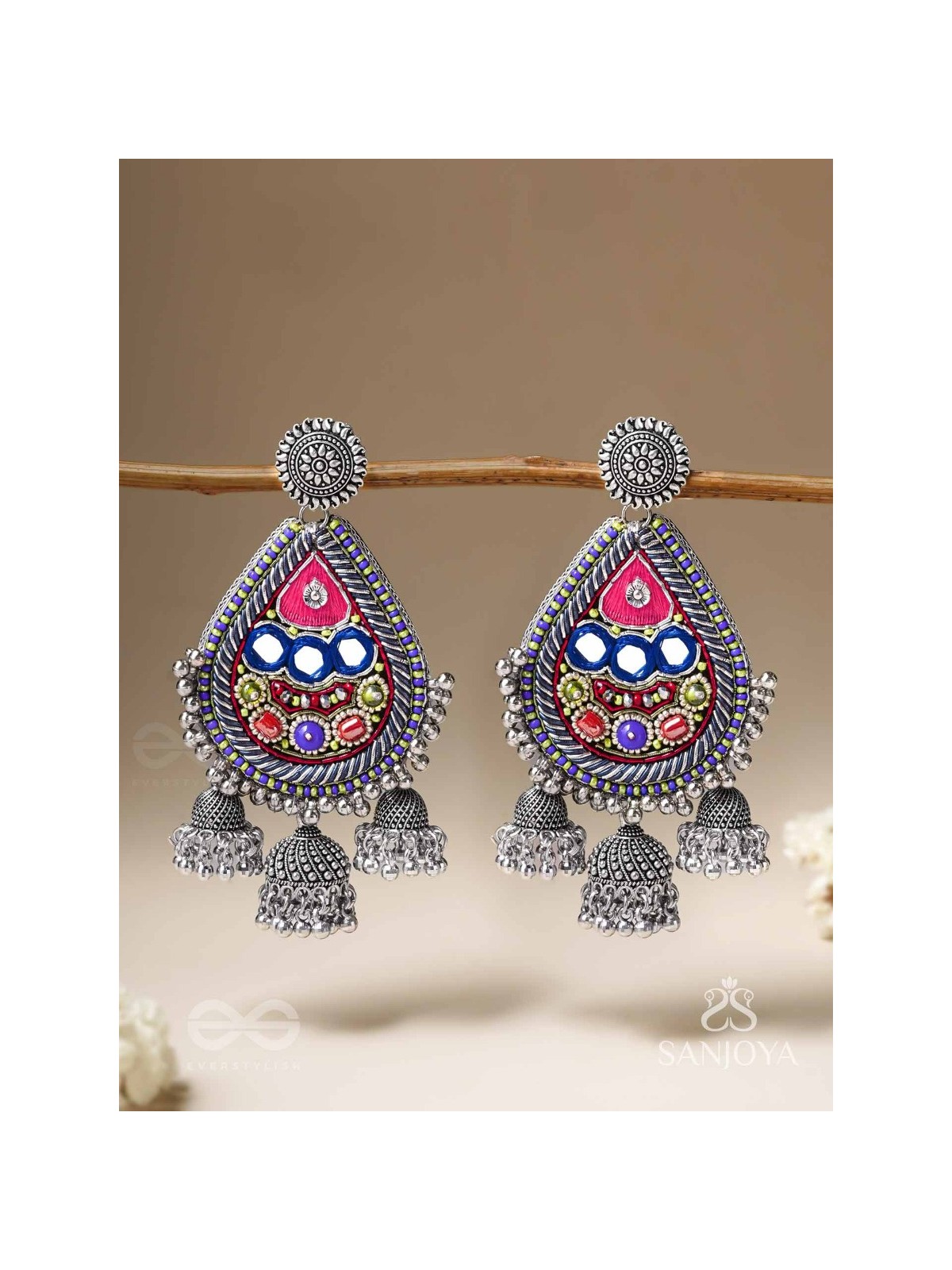 Kalatra- The Royal Citadel- Mirror, Resham And Beads Hand Embroidered Oxidised Earrings