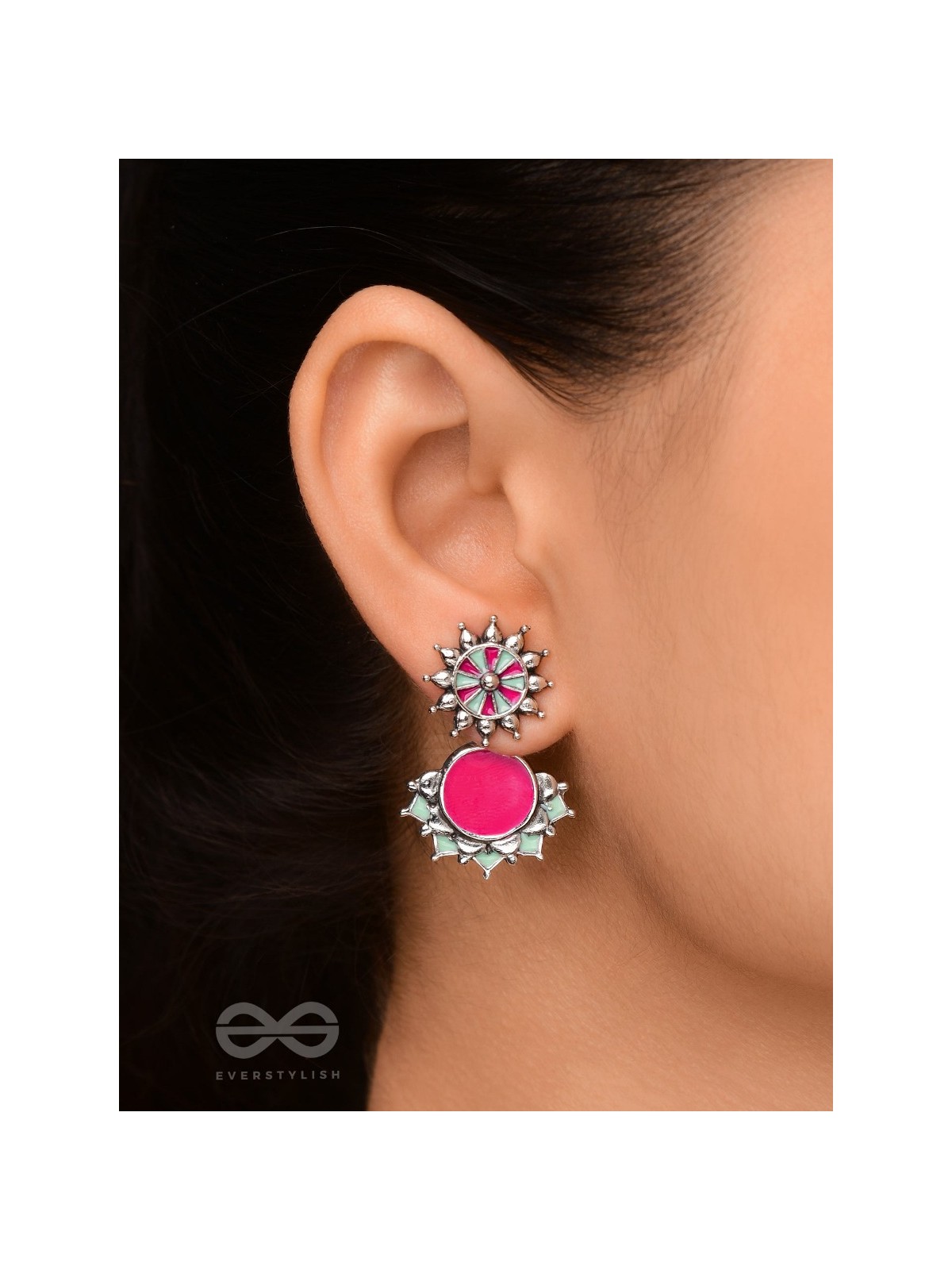 The Rosy Reefs - Statement  Enamelled Oxidised Ear Jackets