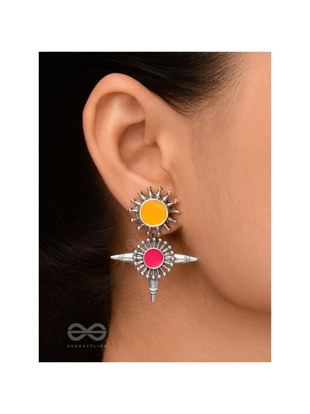The Sunrise Petal - Statement Enamelled Oxidised Ear Jackets