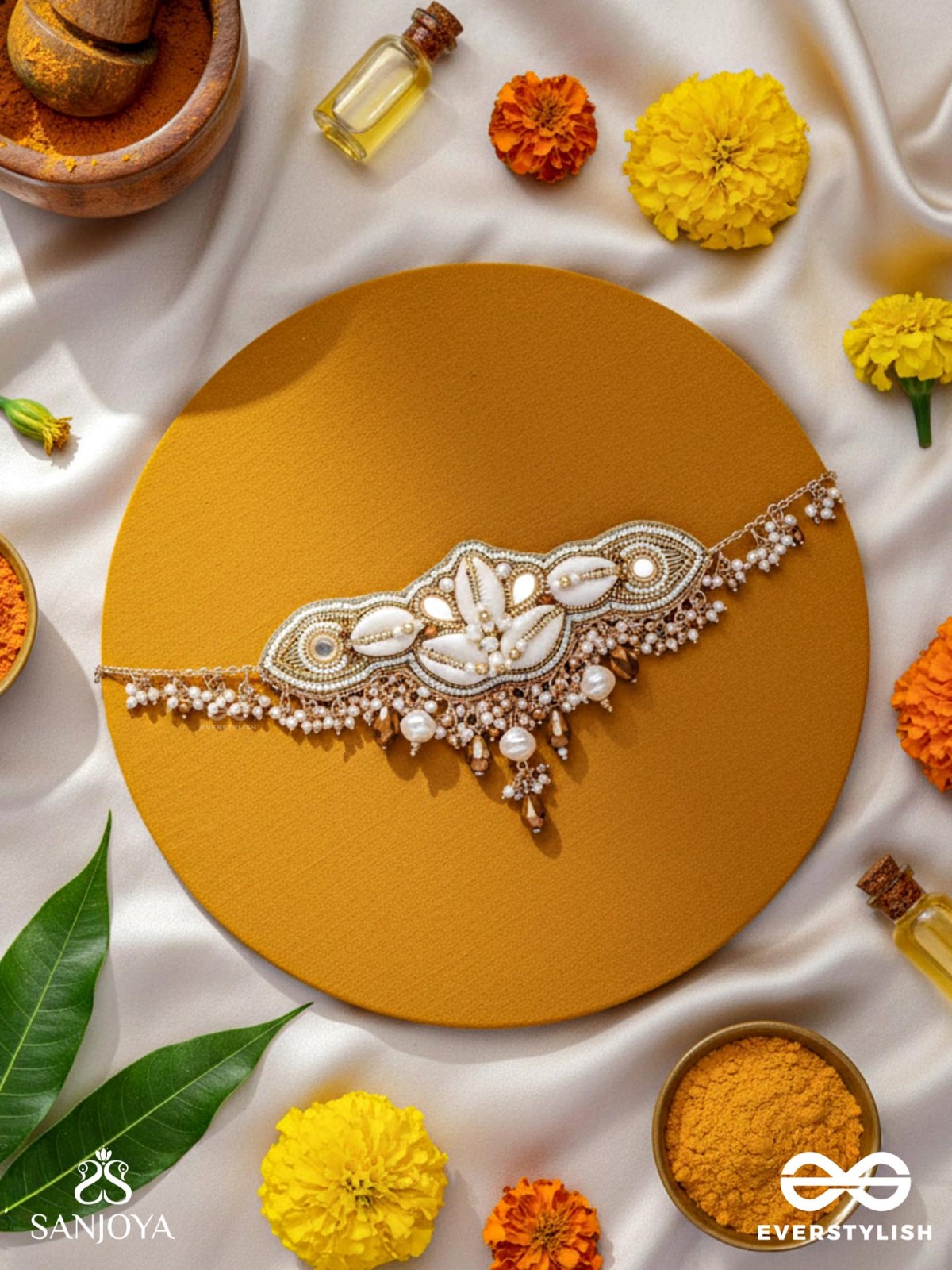 Parikul- The Shore Landscape- Shells, Beads And Glass Drops Hand Embroidered Choker Neckpiece