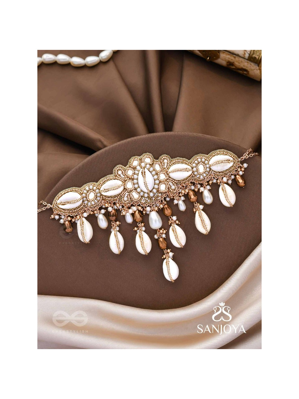 Lavana- The Coast Memoirs- Shells, Beads And Glass Drops Hand Embroidered Choker Neckpiece