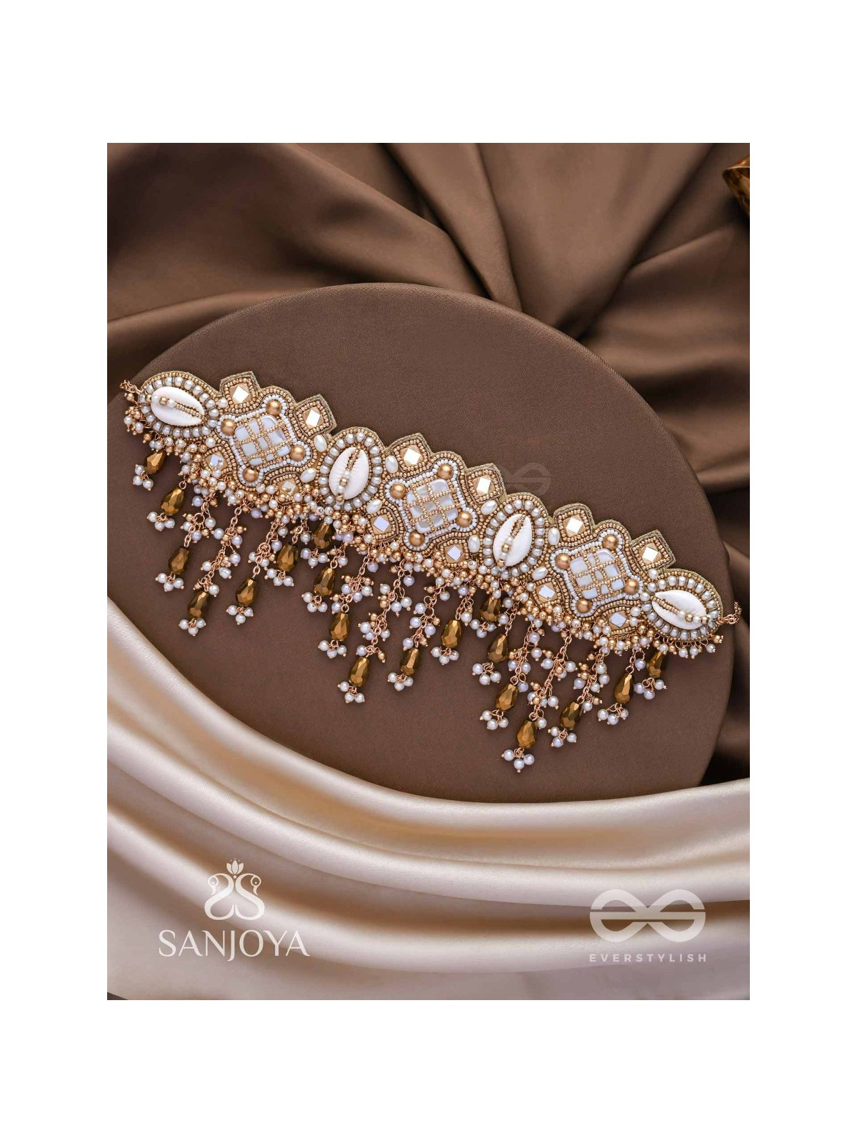 Bhadrashochi- The Shimmering Shower- Shells, Beads, Mirror And Glass Drops Hand Embroidered Choker Neckpiece