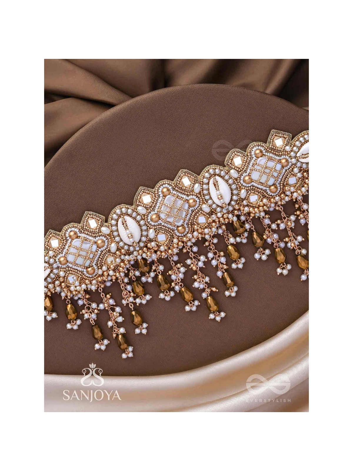 Bhadrashochi- The Shimmering Shower- Shells, Beads, Mirror And Glass Drops Hand Embroidered Choker Neckpiece