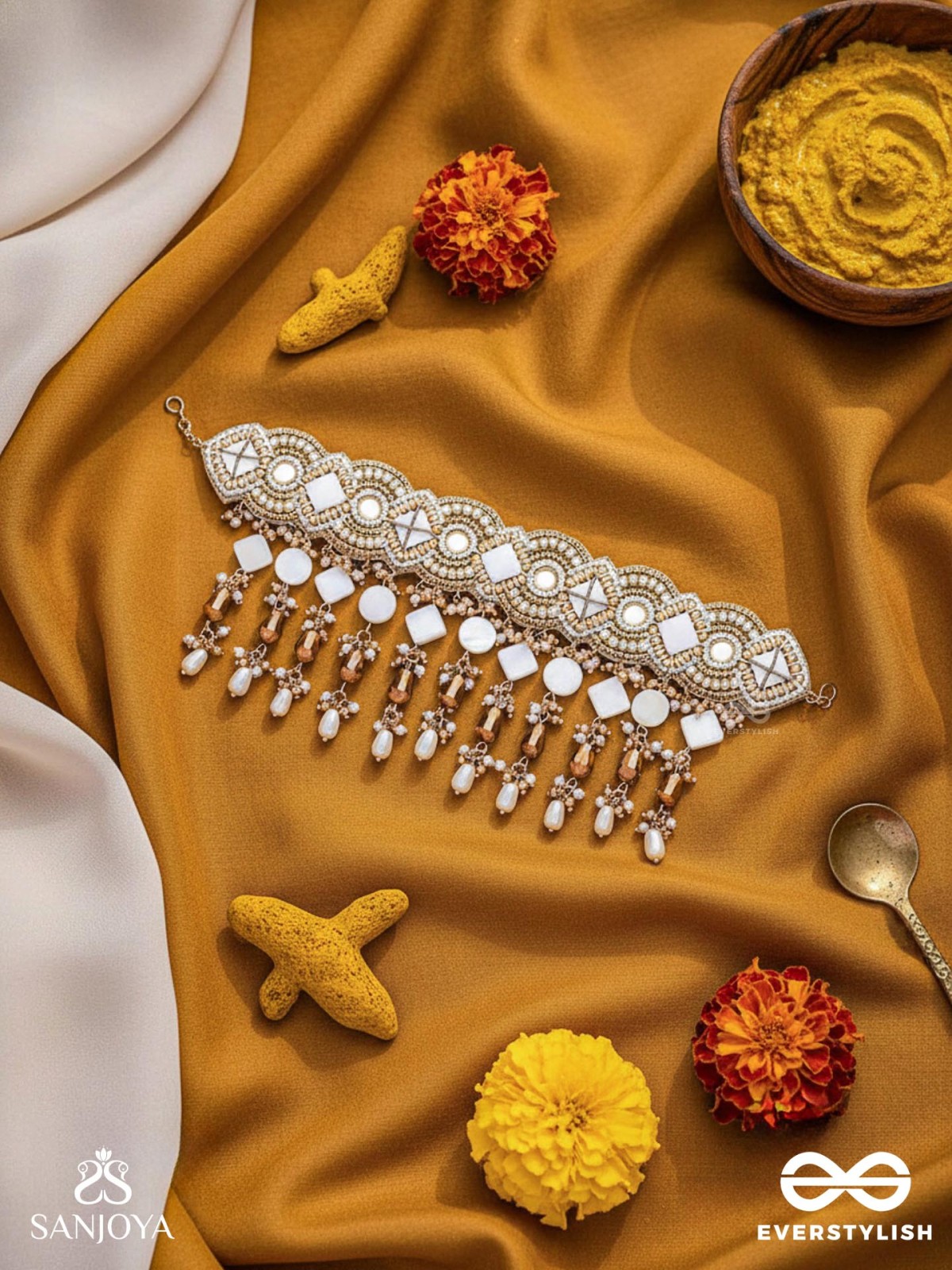 Devasattra- The Festive Downpour- Mirrors, Beads, Pearl And Glass Drops Hand Embroidered Choker Neckpiece