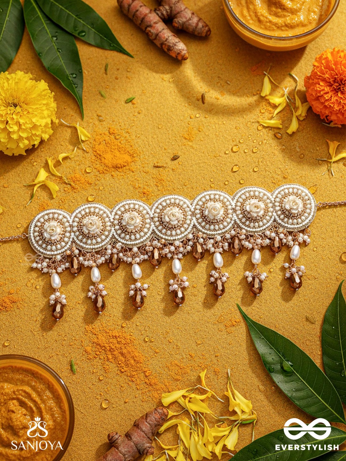 Stavaka- The Beloved Bouquet- Beads, Pearl And Glass Drops Hand Embroidered Choker Neckpiece
