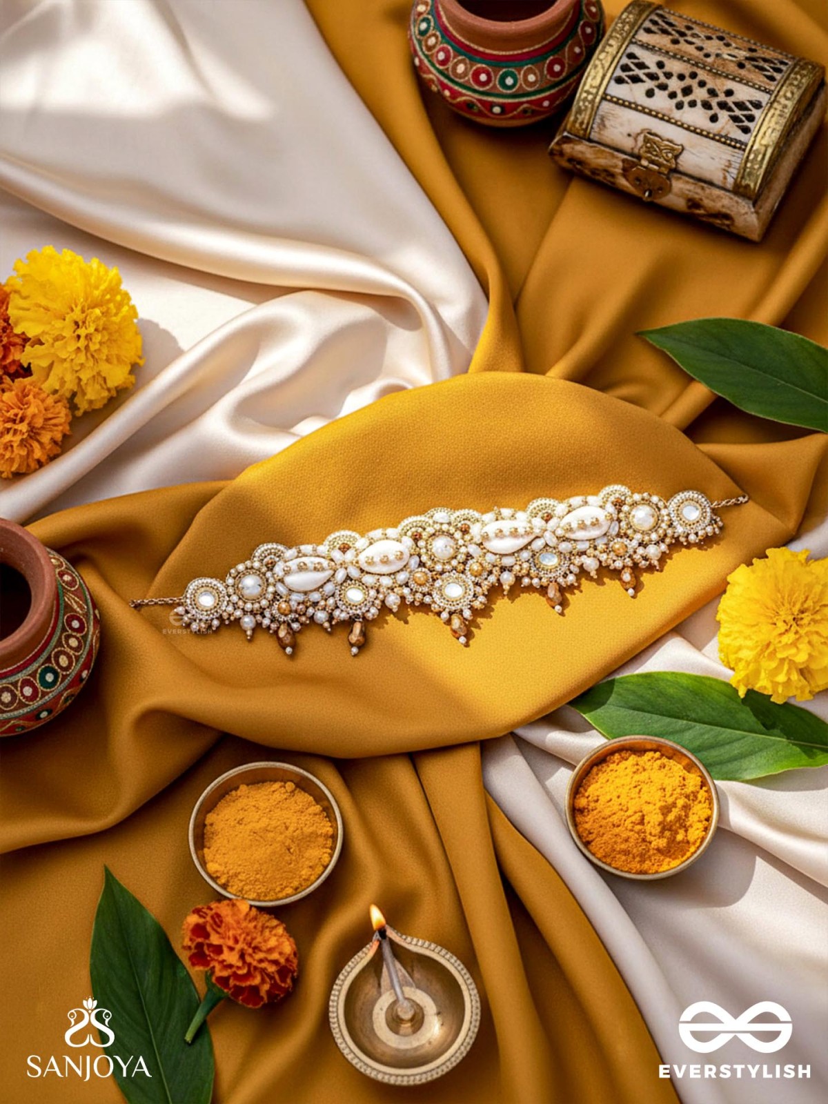 Alingana- The Chaste Embrace- Shells, Beads And Glass Drops Hand Embroidered Choker Neckpiece