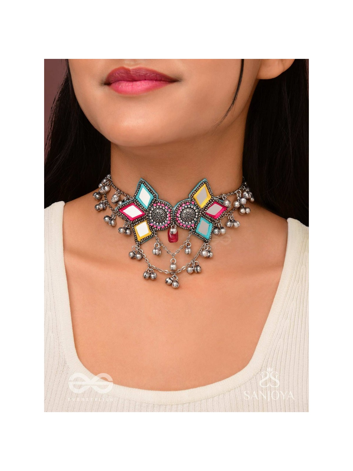Bhuritejas- The Glorious Triflection- Mirror, Resham And Beads Hand Embroidered Choker Neckpiece