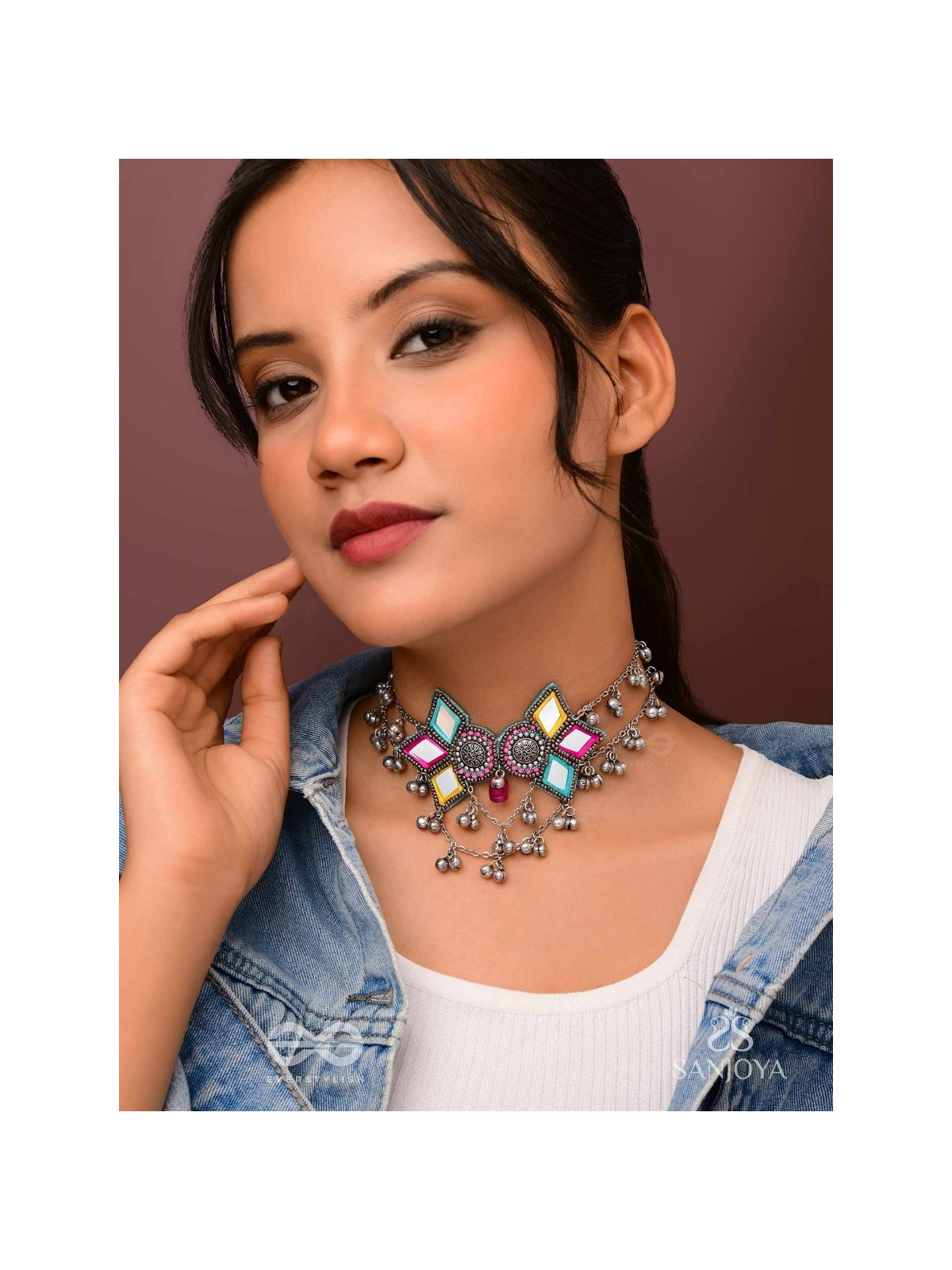 Bhuritejas- The Glorious Triflection- Mirror, Resham And Beads Hand Embroidered Choker Neckpiece