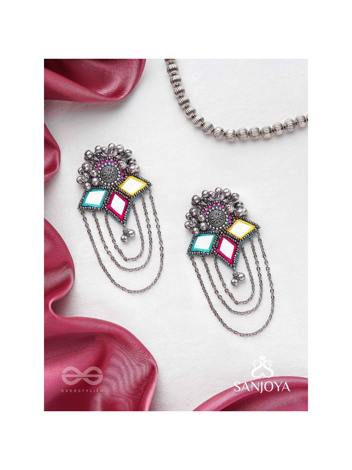 Taruna - The Vivid Landscapes - Mirrors, Resham And Beads Hand Embroidered Oxidised Earrings