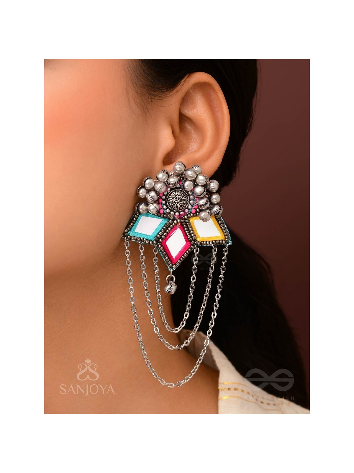 Taruna - The Vivid Landscapes - Mirrors, Resham And Beads Hand Embroidered Oxidised Earrings