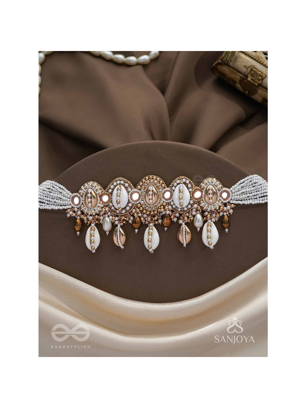 Velakula- The Coastline Stories- Shells, Beads, Pearl And Glass Drops Hand Embroidered Choker Neckpiece