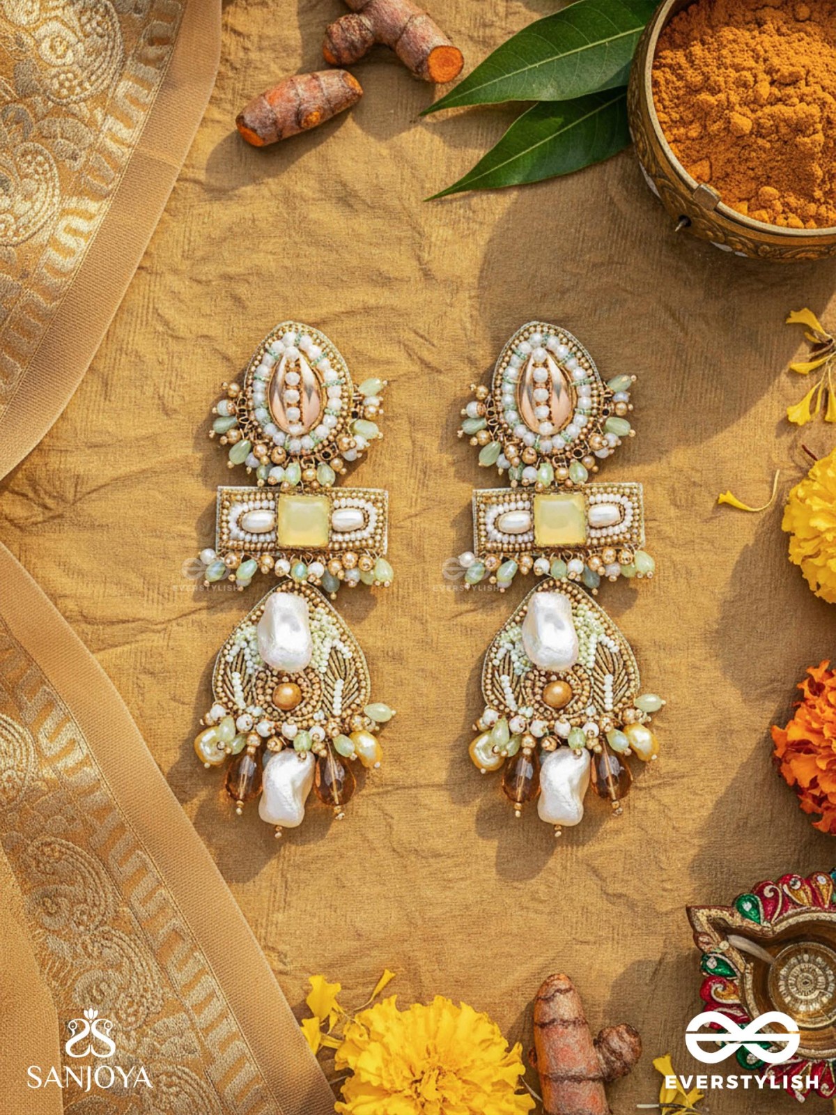Atisitam- - The Regal Wonderland- Shells, Stones, Beads And Glass Drops Hand Embroidered Earrings