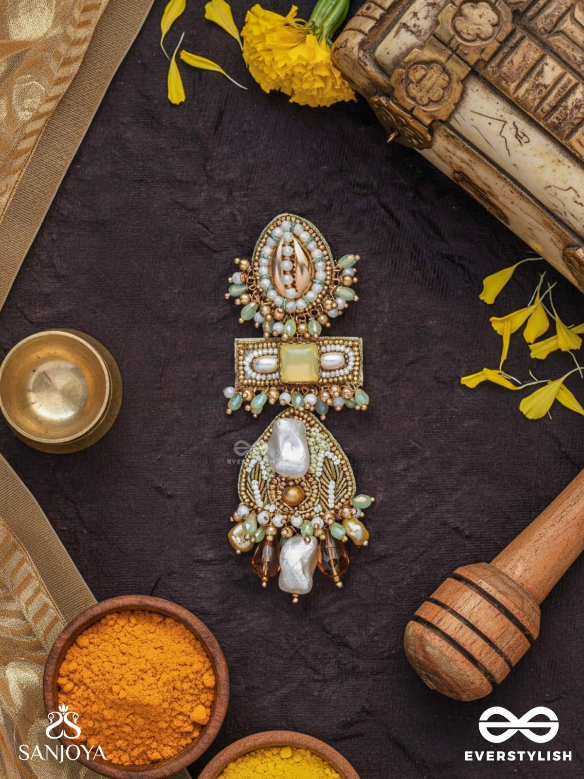 Atisitam- - The Regal Wonderland- Shells, Stones, Beads And Glass Drops Hand Embroidered Earrings