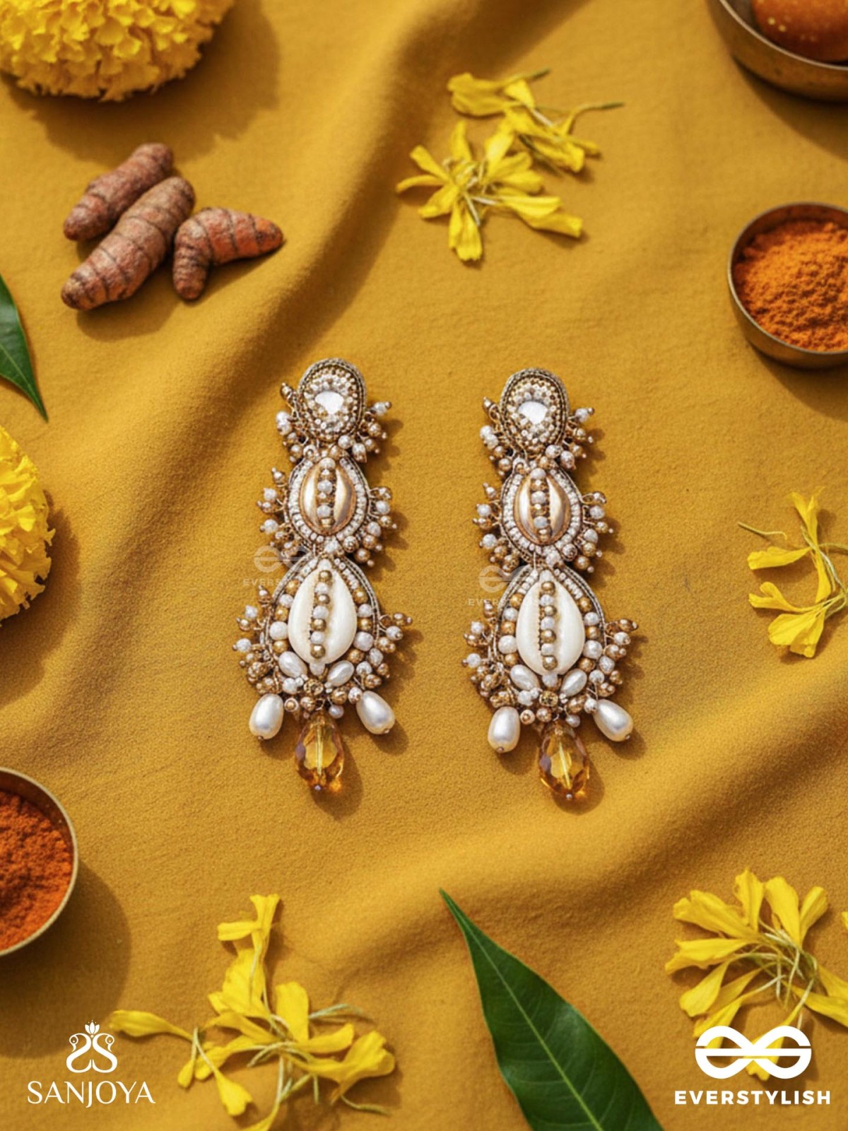 Samudrika- The Marine Magic- Shells, Beads, Pearl And Glass Drops Hand Embroidered Earrings