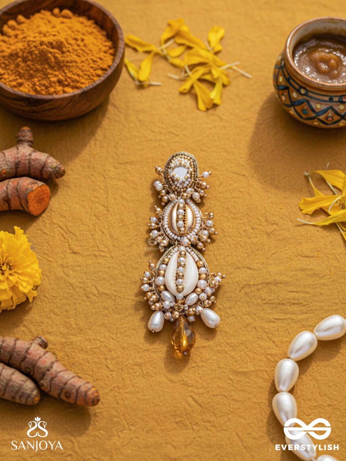 Samudrika- The Marine Magic- Shells, Beads, Pearl And Glass Drops Hand Embroidered Earrings