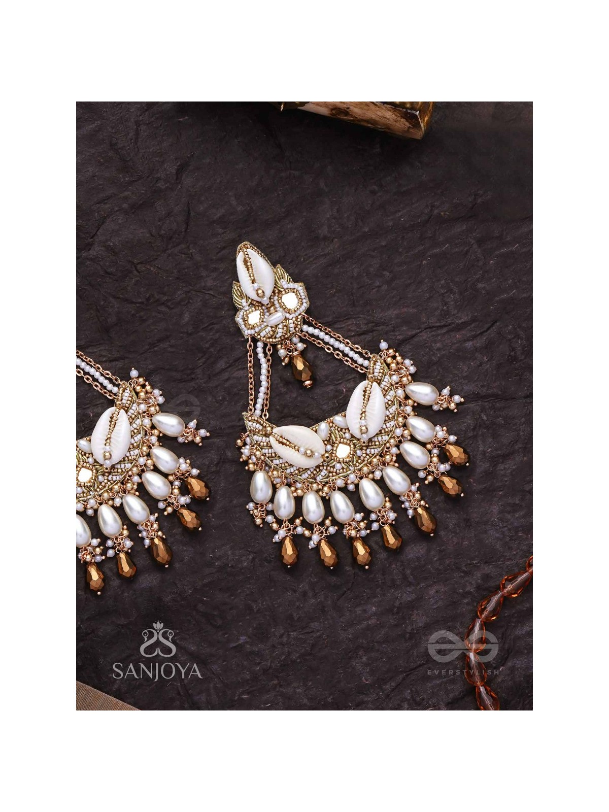 Artharasi- The Shimmering Wealth- Shells, Beads, Pearl And Glass Drops Hand Embroidered Earrings