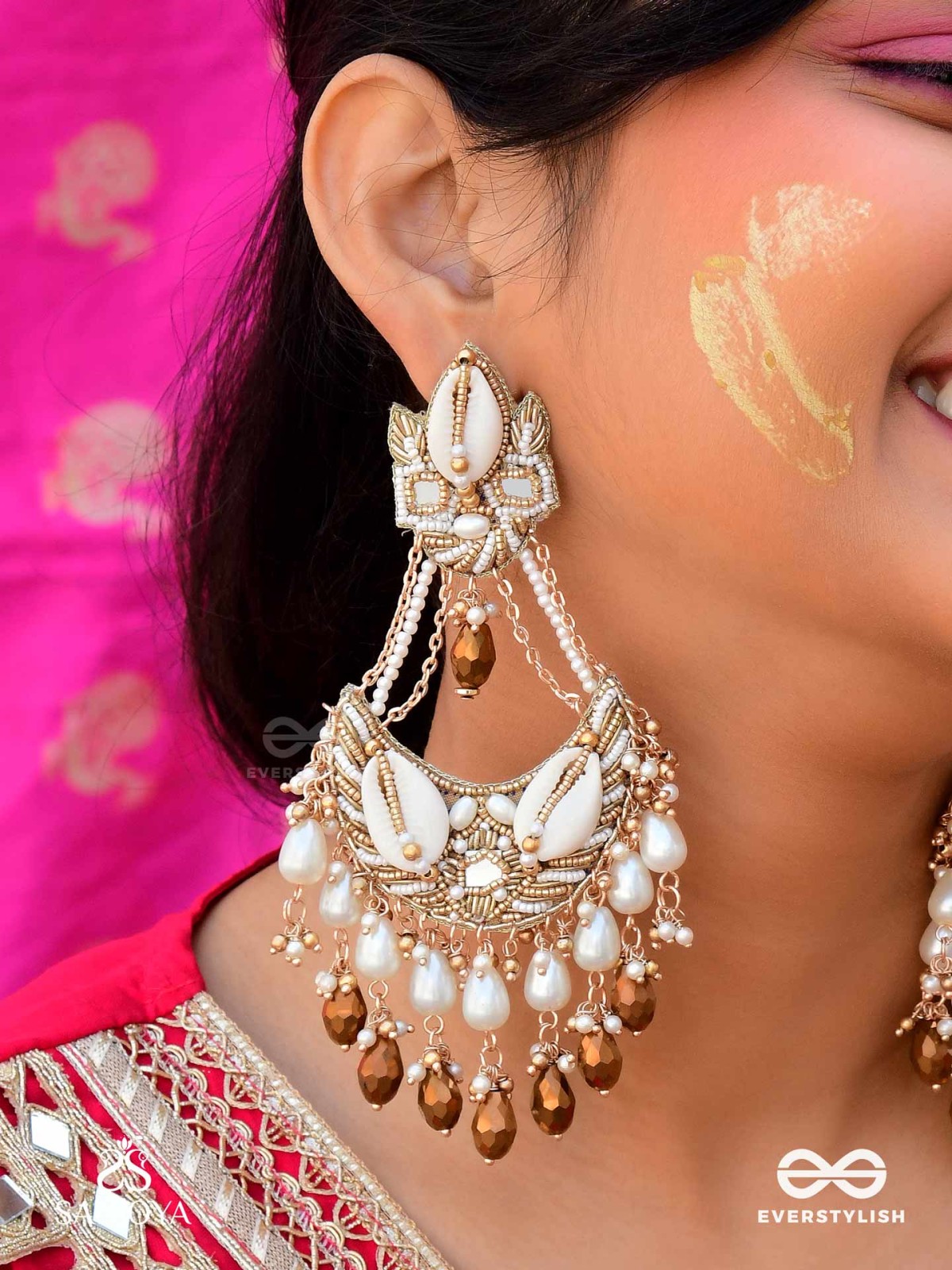 Artharasi- The Shimmering Wealth- Shells, Beads, Pearl And Glass Drops Hand Embroidered Earrings