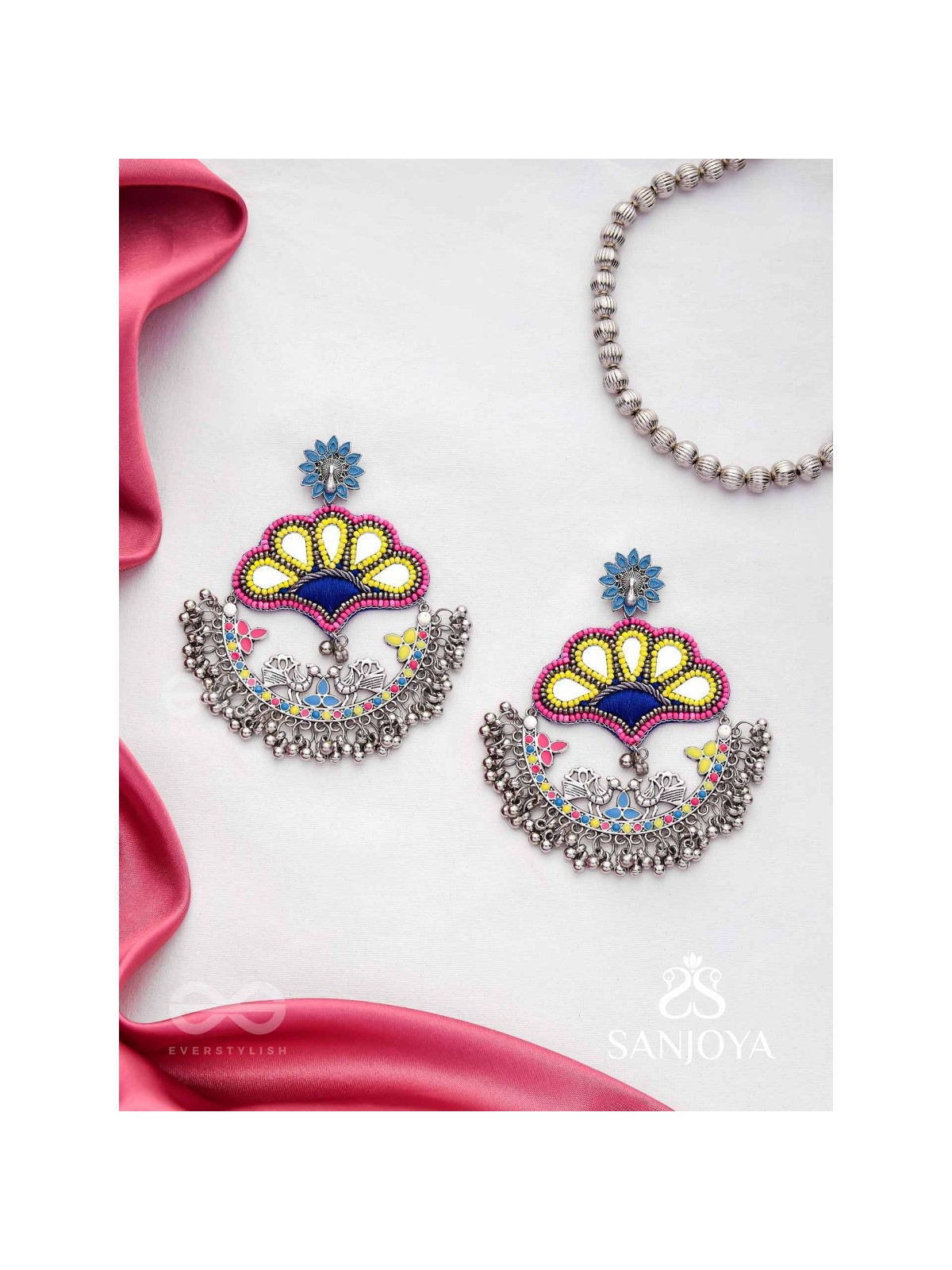 Sadhrit- The Peacock Romance- Resham And Beads Hand Embroidered Oxidised Earrings