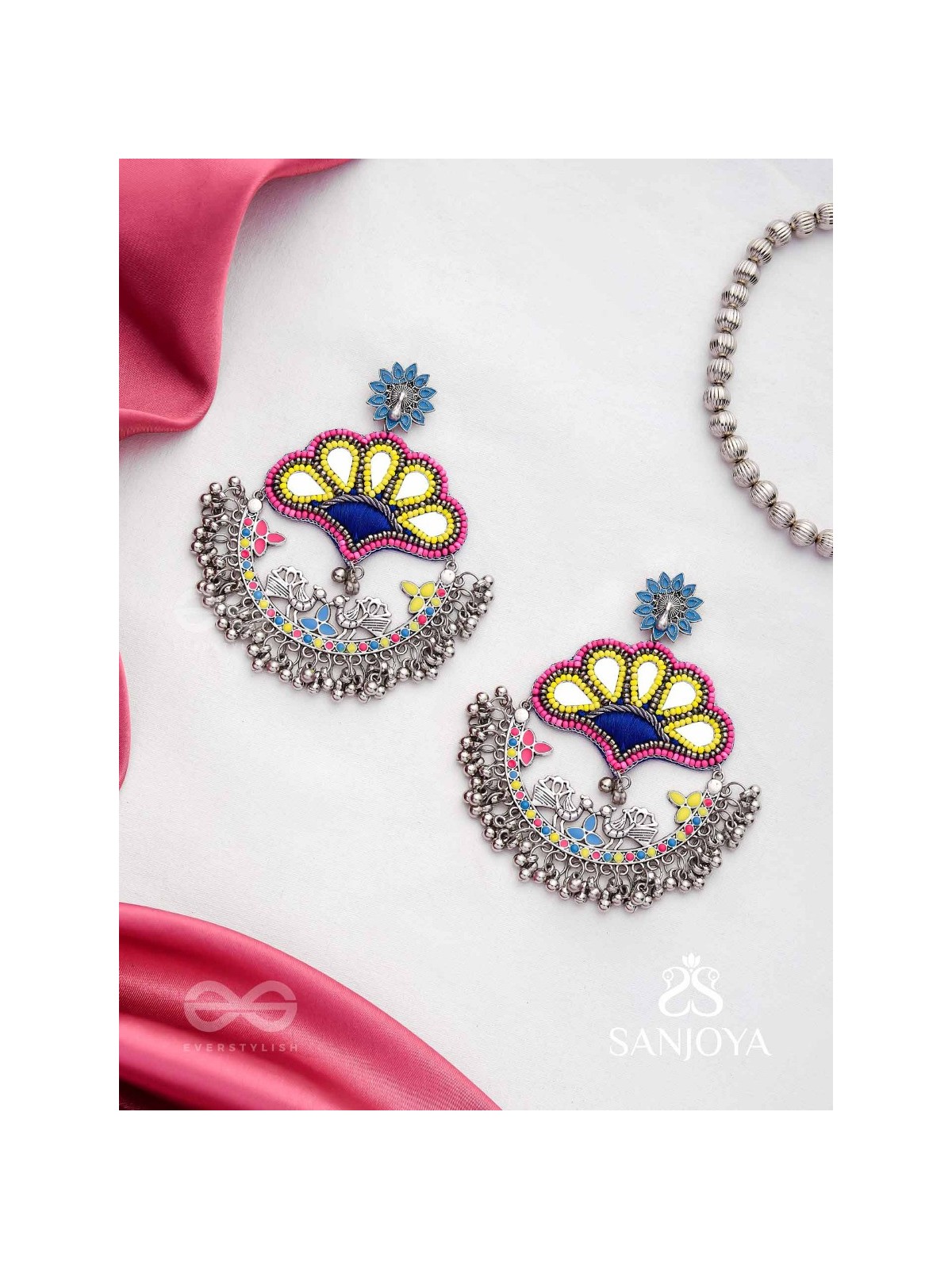 Sadhrit- The Peacock Romance- Resham And Beads Hand Embroidered Oxidised Earrings