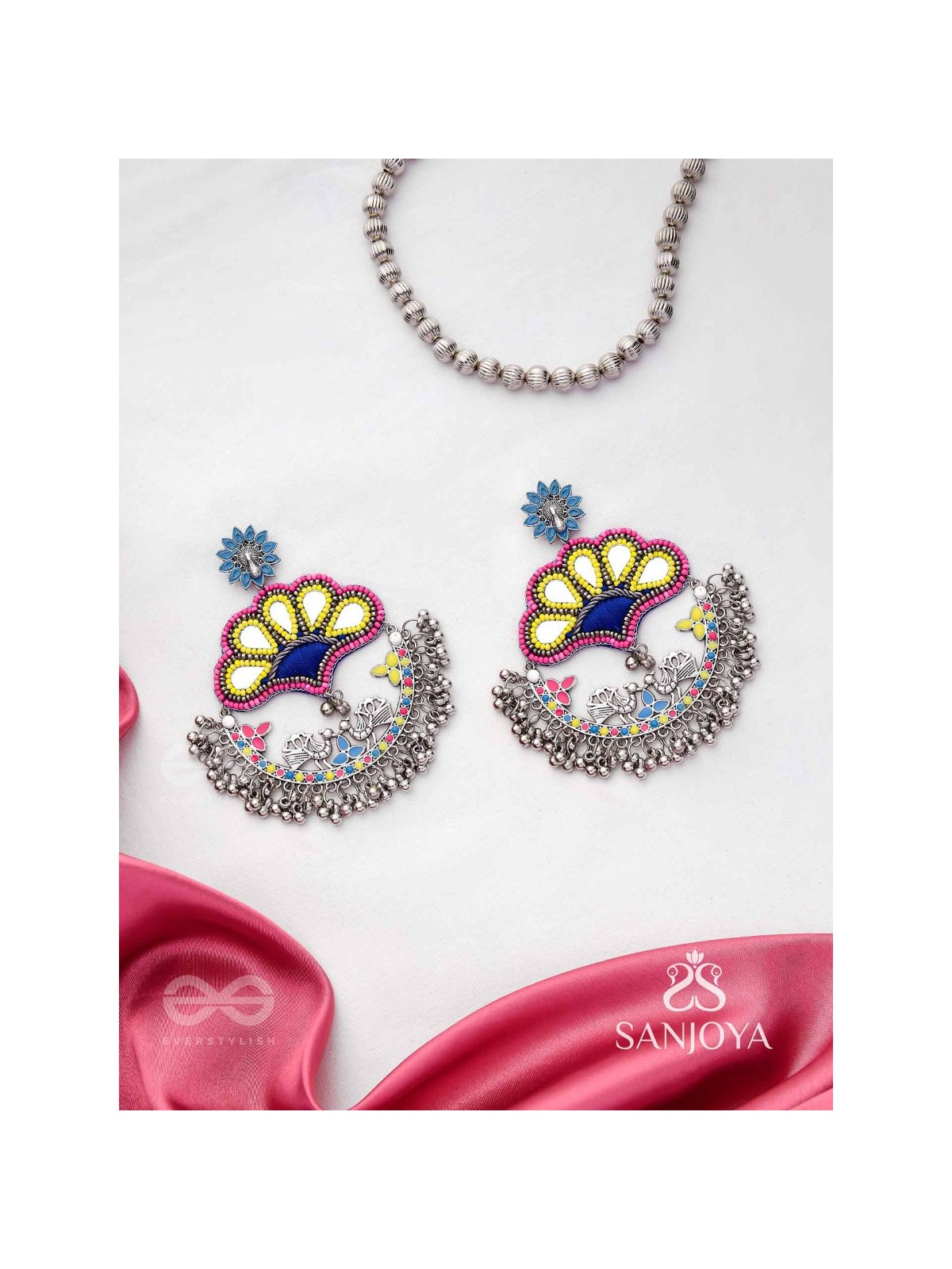 Sadhrit- The Peacock Romance- Resham And Beads Hand Embroidered Oxidised Earrings