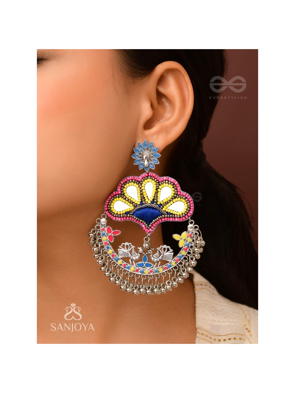 Sadhrit- The Peacock Romance- Resham And Beads Hand Embroidered Oxidised Earrings