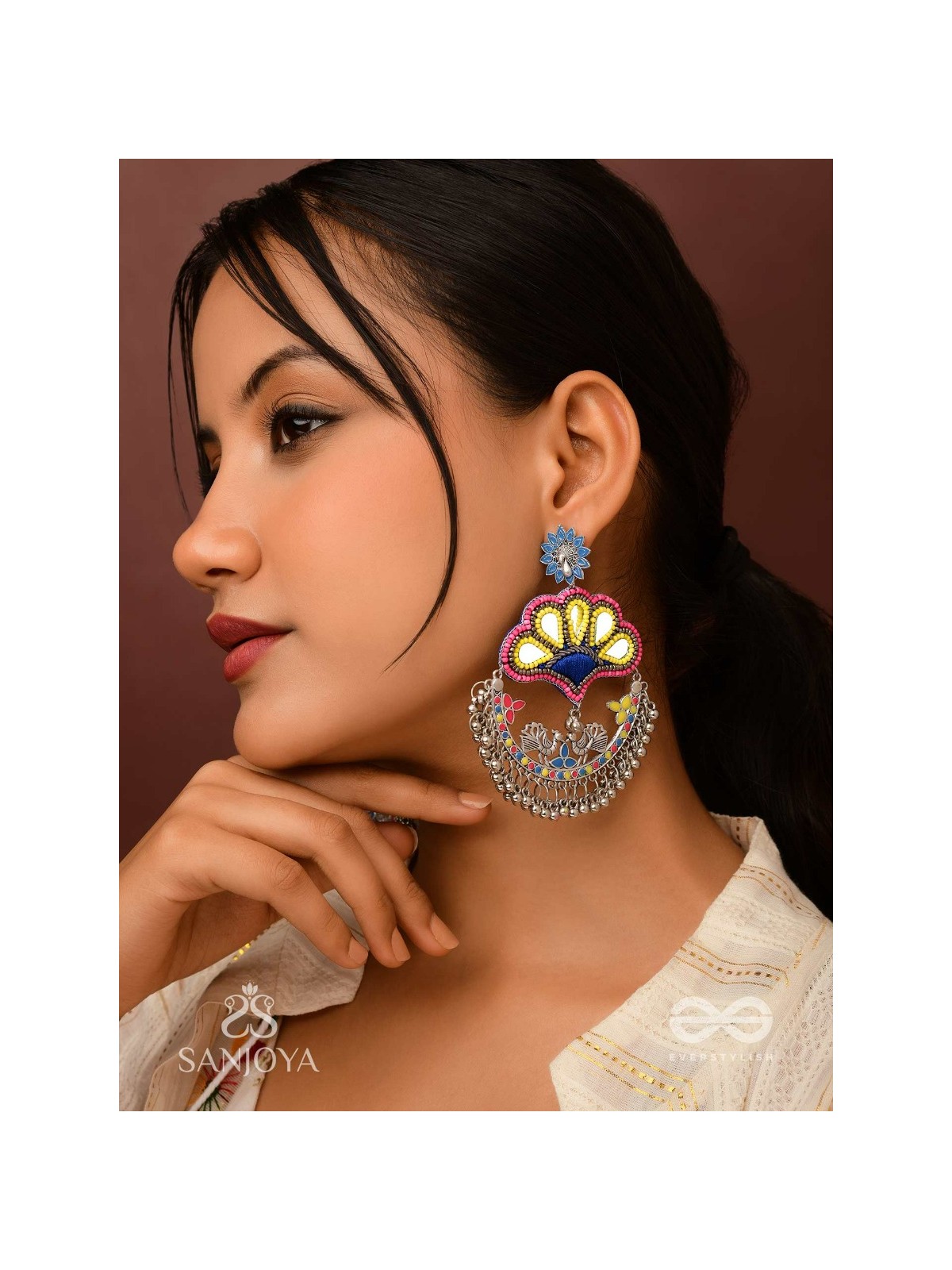 Sadhrit- The Peacock Romance- Resham And Beads Hand Embroidered Oxidised Earrings