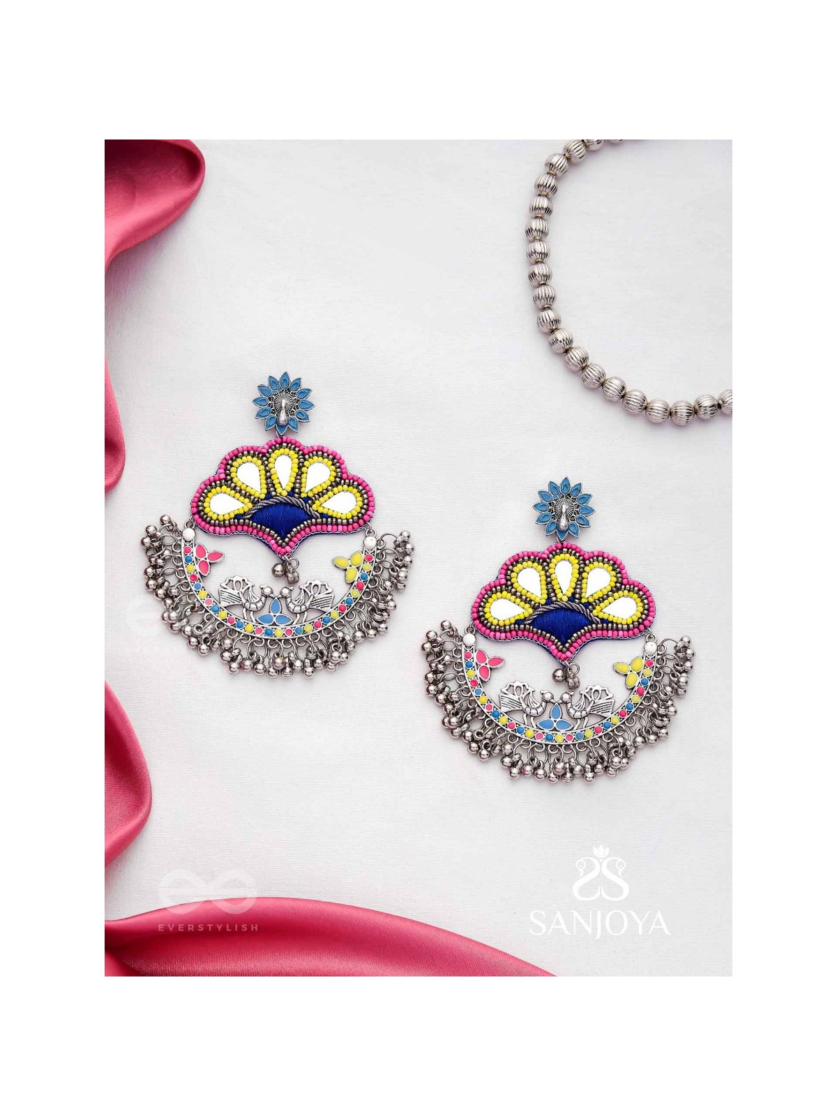 Sadhrit- The Peacock Romance- Resham And Beads Hand Embroidered Oxidised Earrings