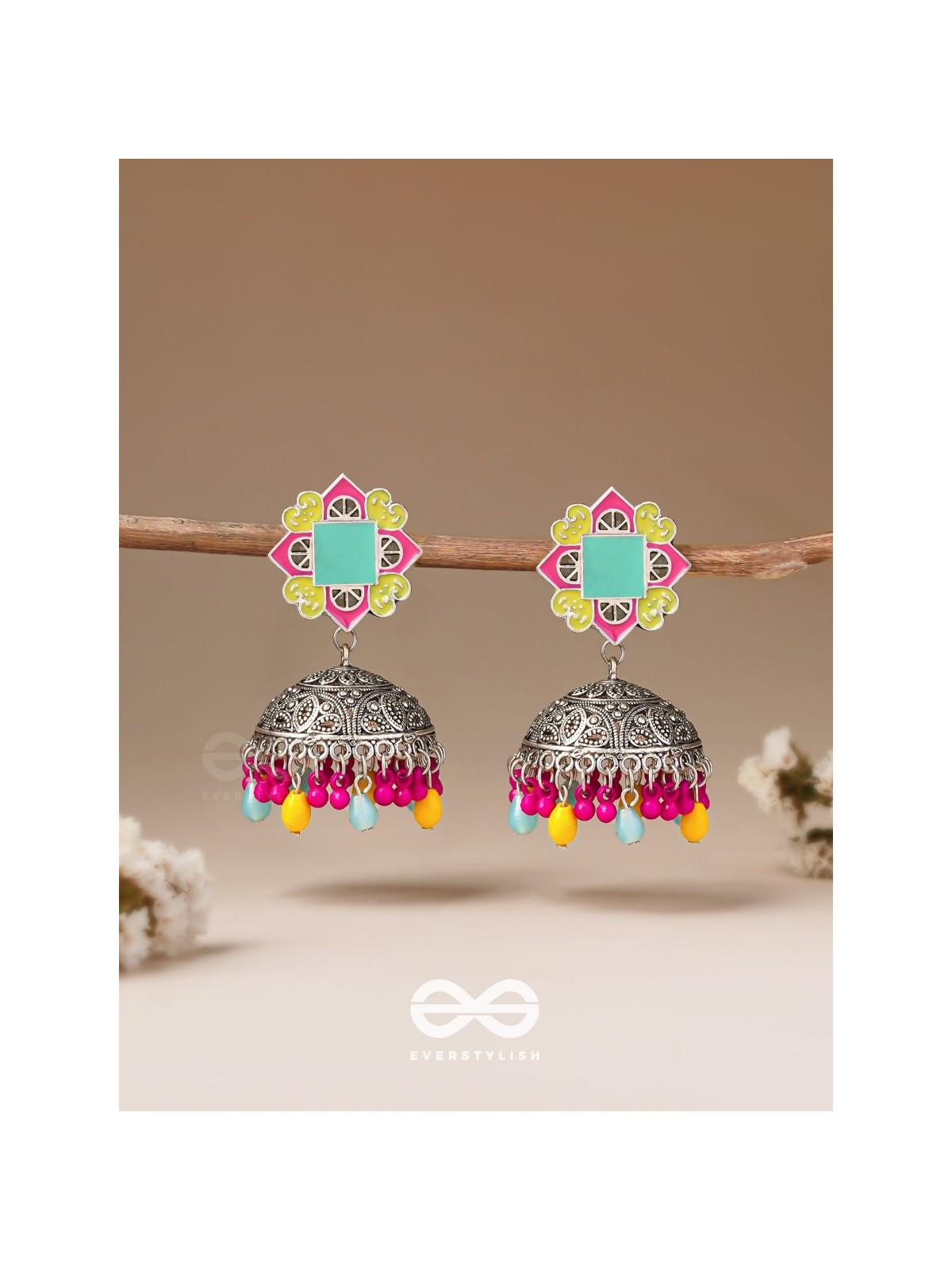 The Flowers Of Spring - Enamelled Oxidised Jhumka Earrings