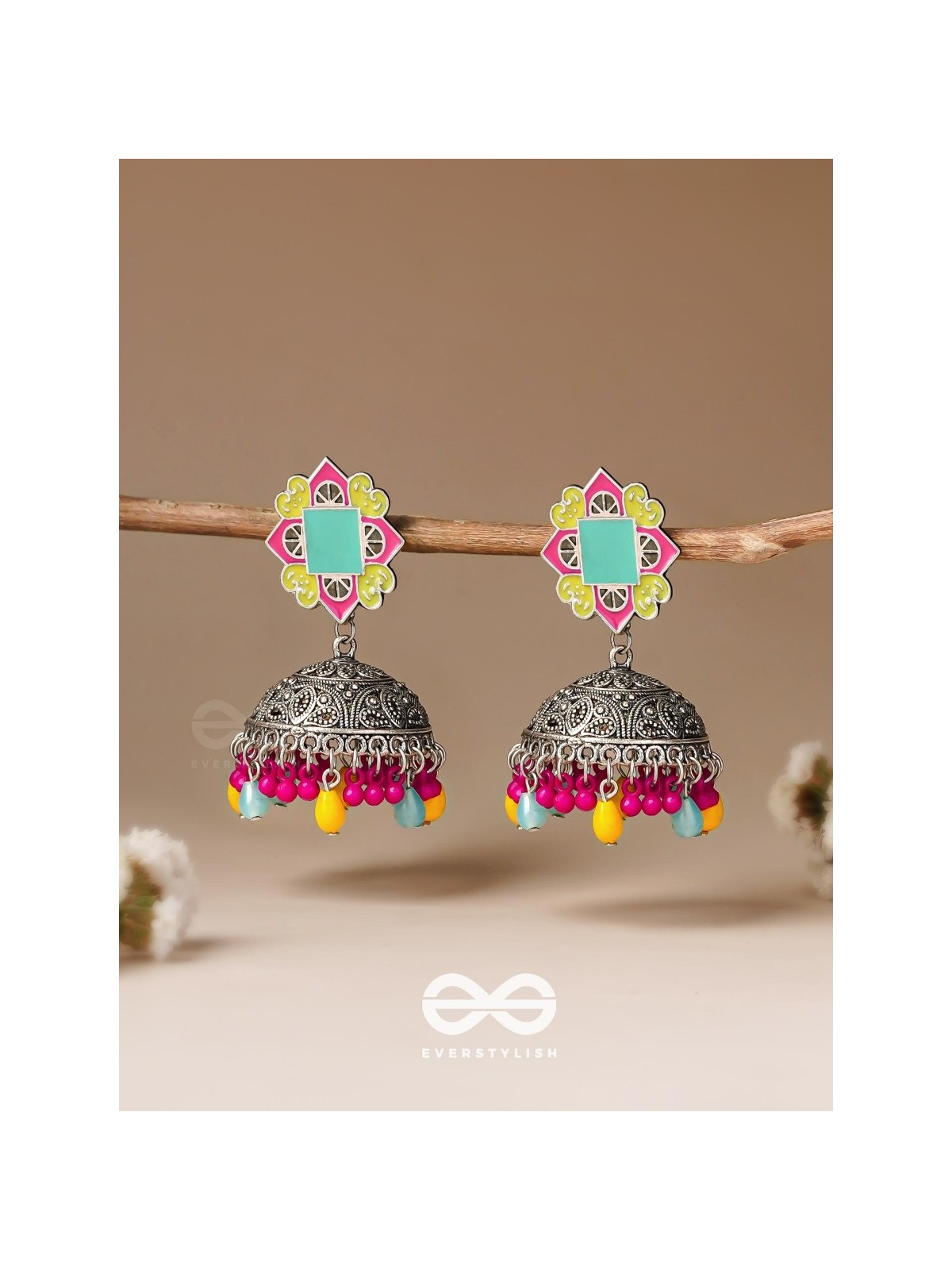 The Flowers Of Spring - Enamelled Oxidised Jhumka Earrings