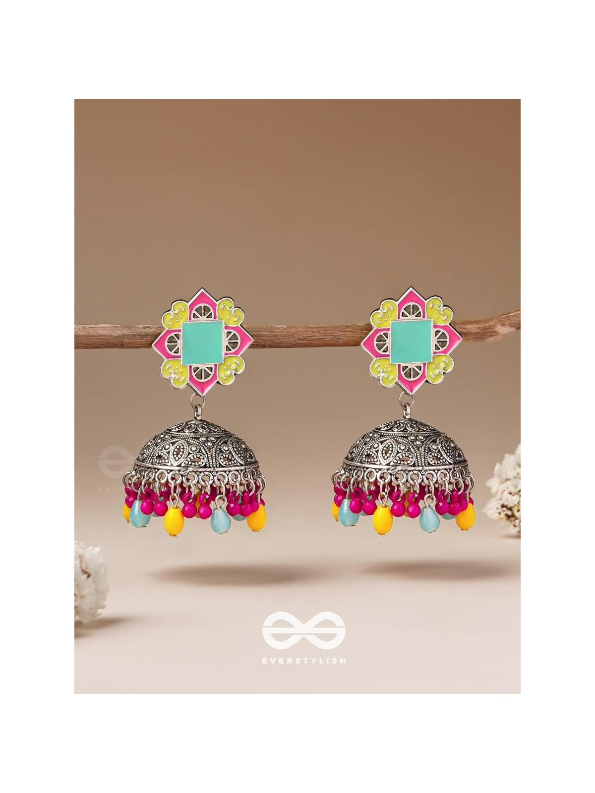 The Flowers Of Spring - Enamelled Oxidised Jhumka Earrings