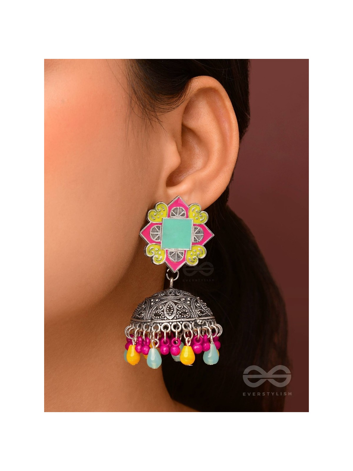 The Flowers Of Spring - Enamelled Oxidised Jhumka Earrings