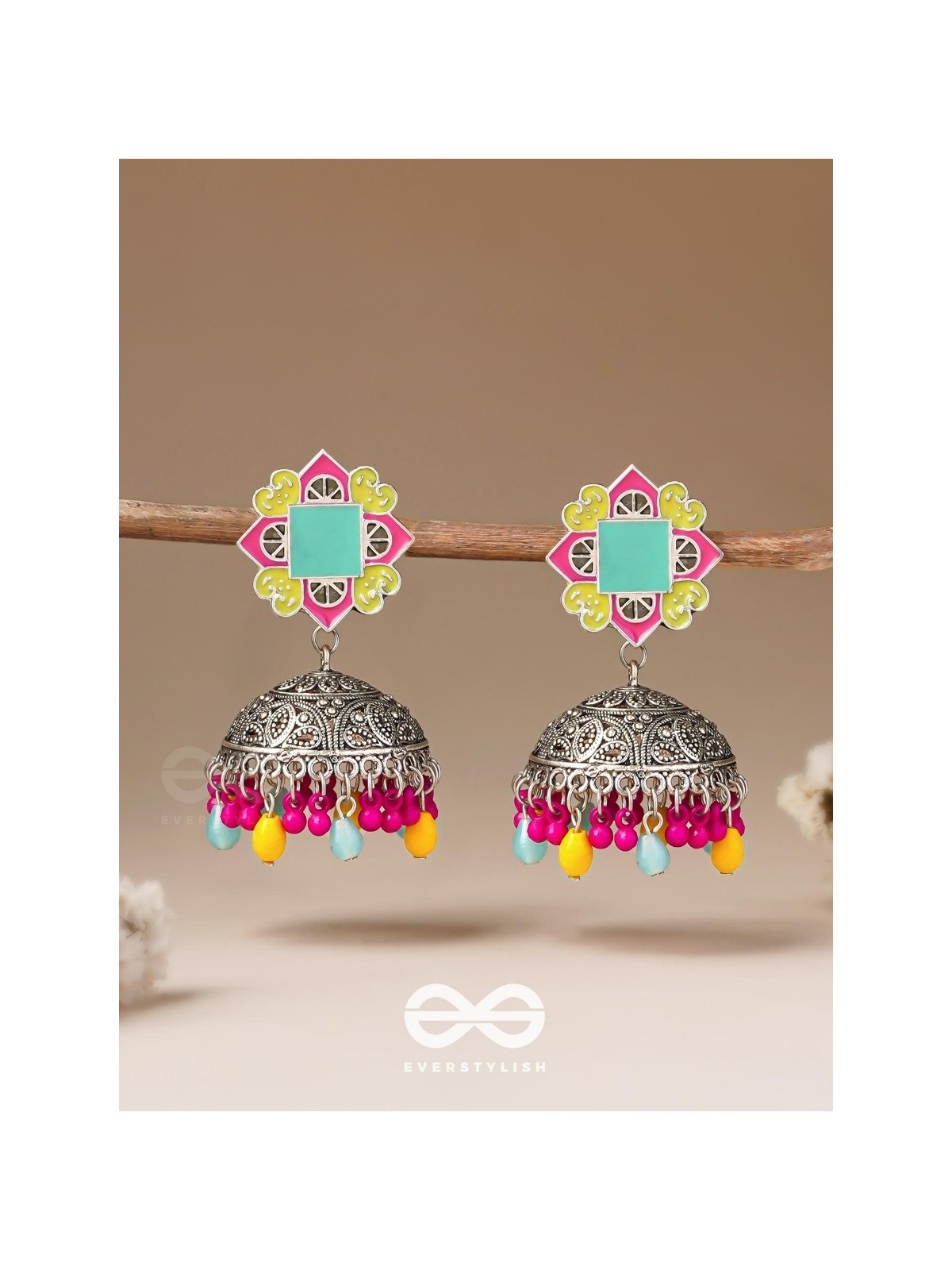 The Flowers Of Spring - Enamelled Oxidised Jhumka Earrings