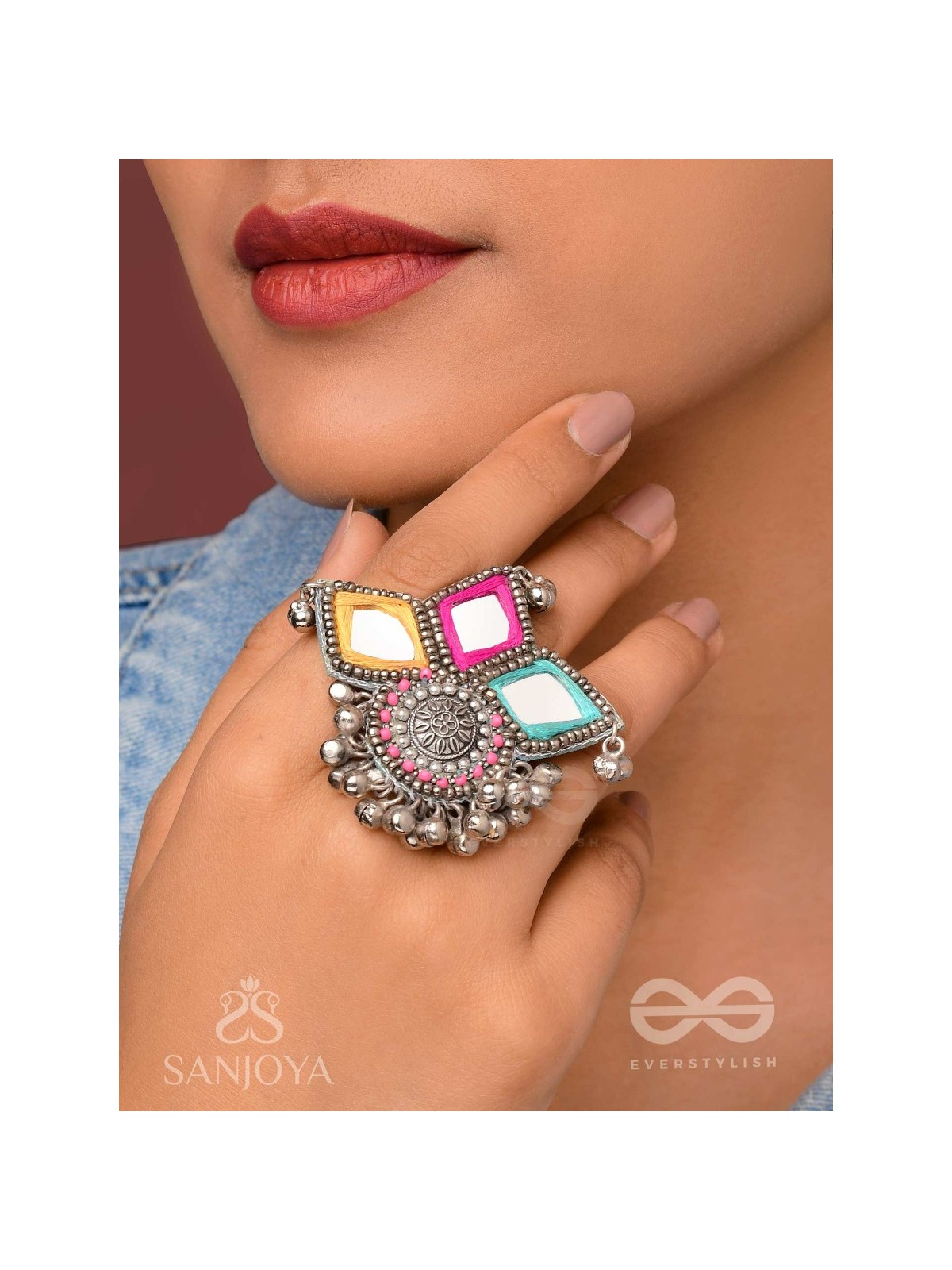   ABHICHARITA- THE TINY CHARMS- MIRROR, RESHAM AND BEADS HAND EMBROIDERED RING