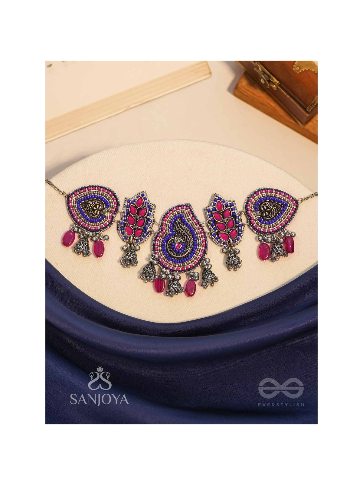 Strimaye - The Passionate Femininity - Beads And Stones Hand Embroidered Oxidised Neckpiece