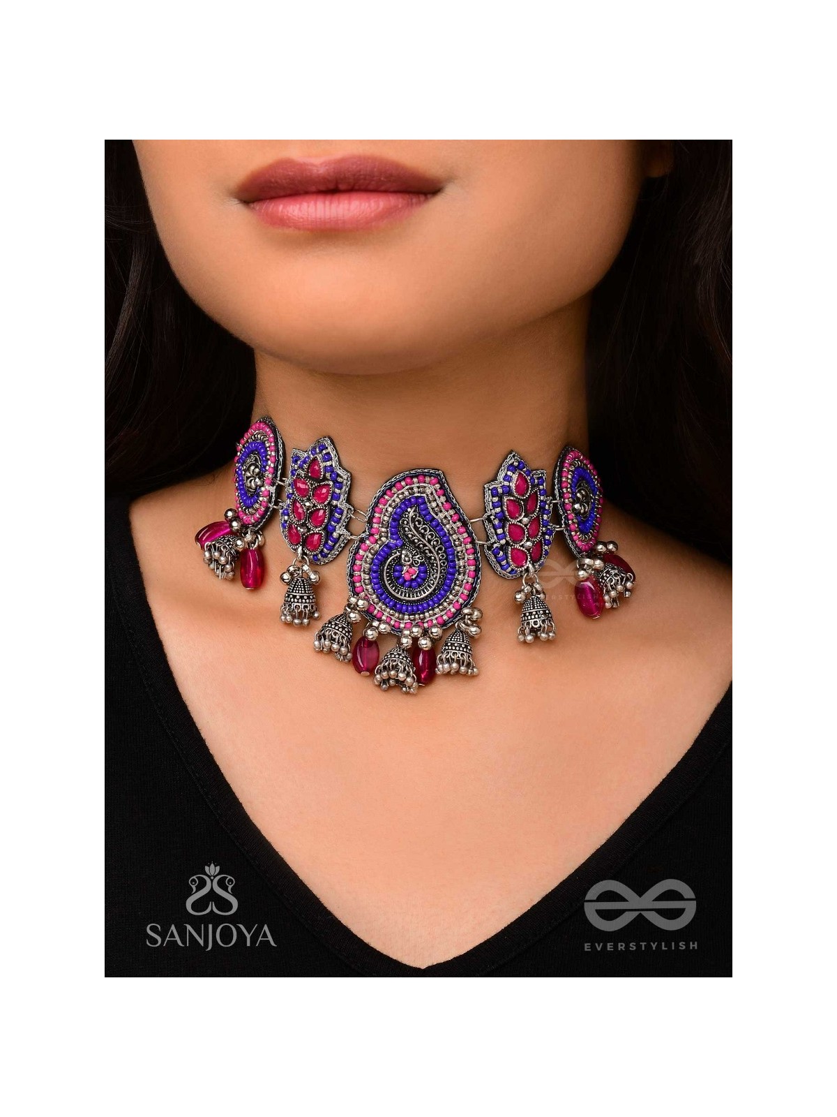 Strimaye - The Passionate Femininity - Beads And Stones Hand Embroidered Oxidised Neckpiece