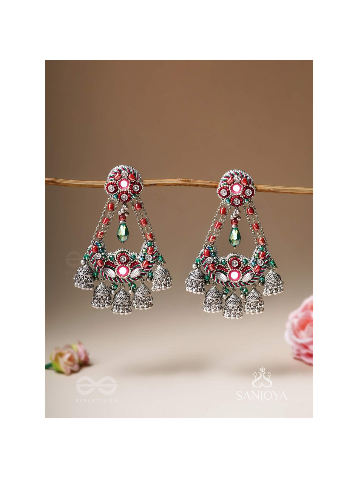 Upkaran- The Insignia Of Royalty- Beads, Dabka And Mirror Hand Embroidered Oxidised Earrings