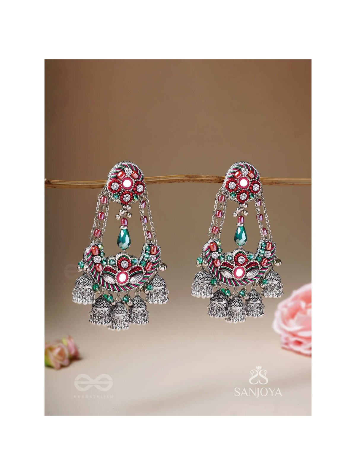 Upkaran- The Insignia Of Royalty- Beads, Dabka And Mirror Hand Embroidered Oxidised Earrings