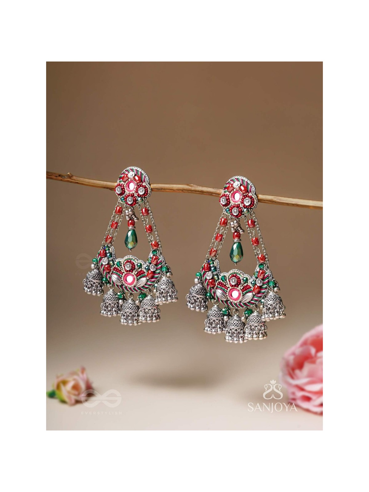 Upkaran- The Insignia Of Royalty- Beads, Dabka And Mirror Hand Embroidered Oxidised Earrings
