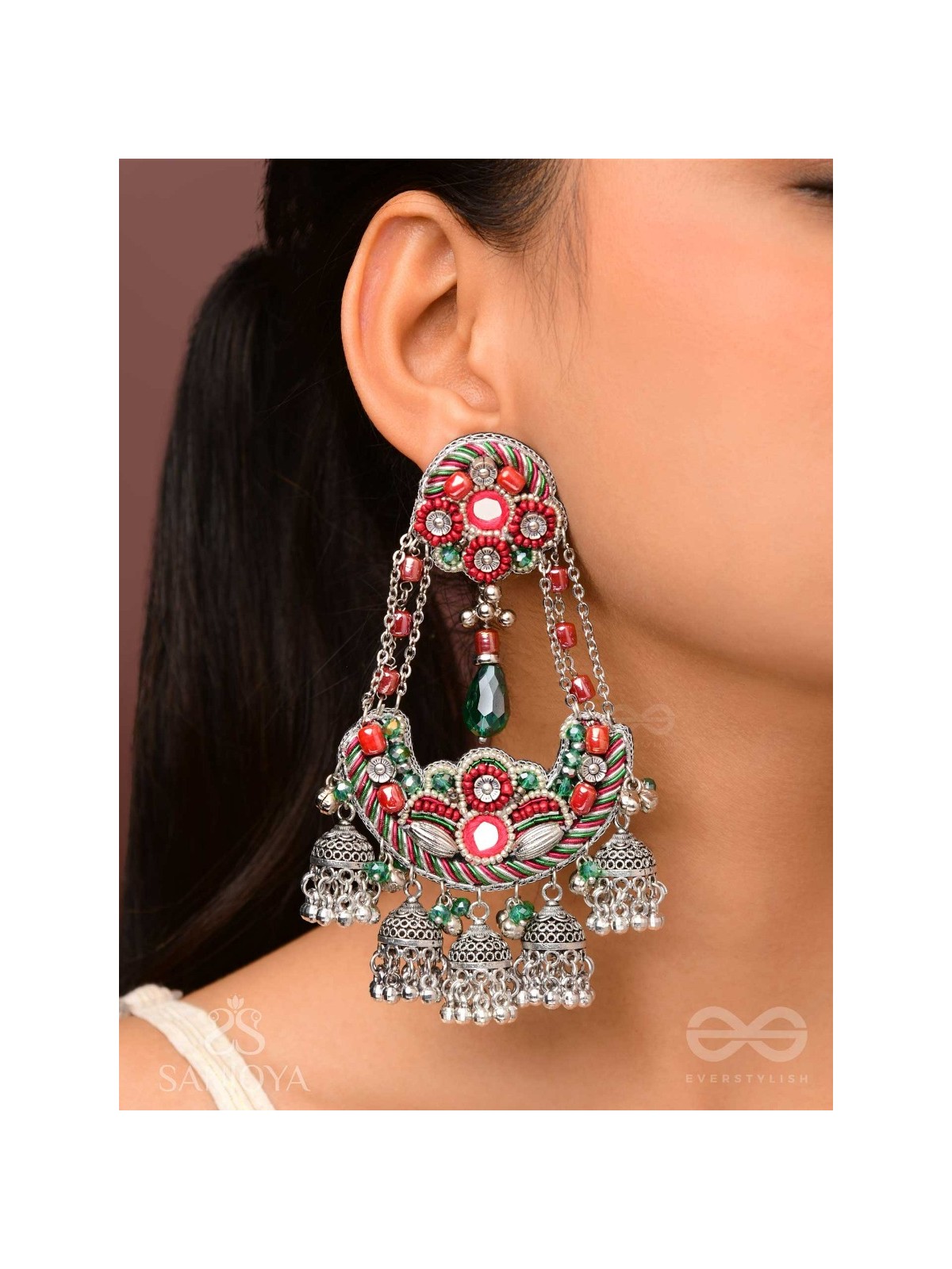 Upkaran- The Insignia Of Royalty- Beads, Dabka And Mirror Hand Embroidered Oxidised Earrings