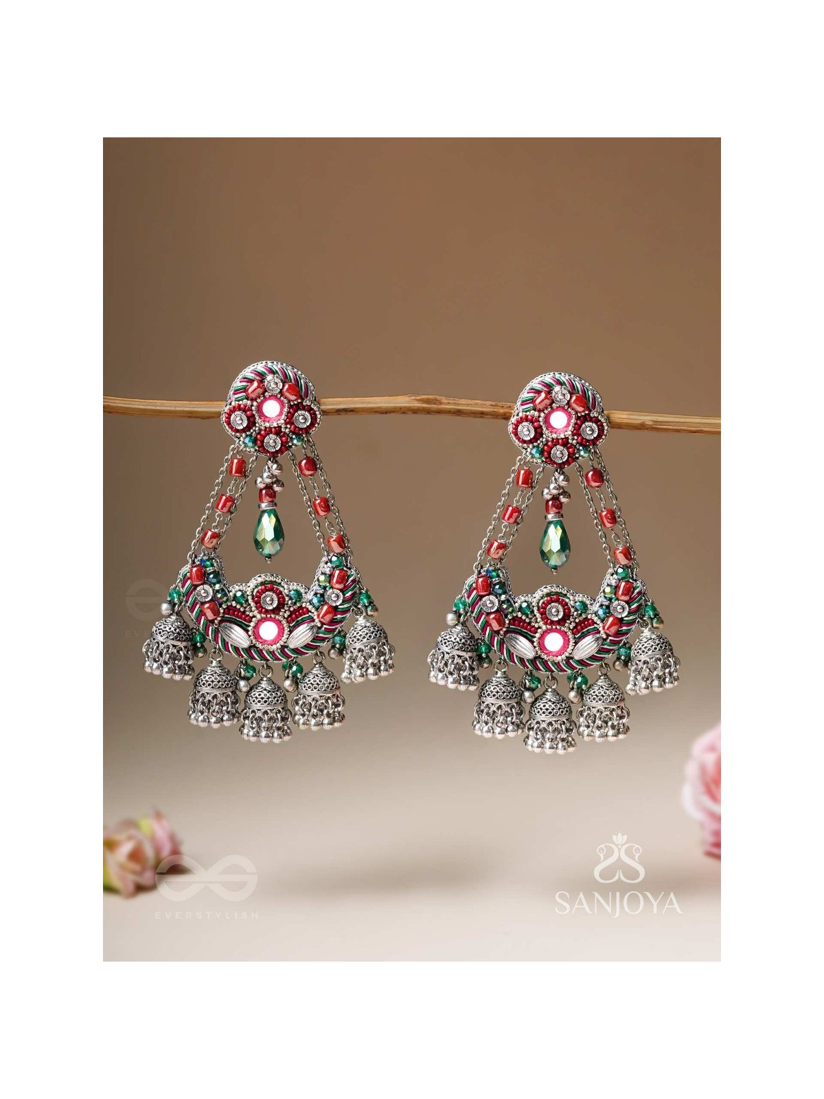 Upkaran- The Insignia Of Royalty- Beads, Dabka And Mirror Hand Embroidered Oxidised Earrings