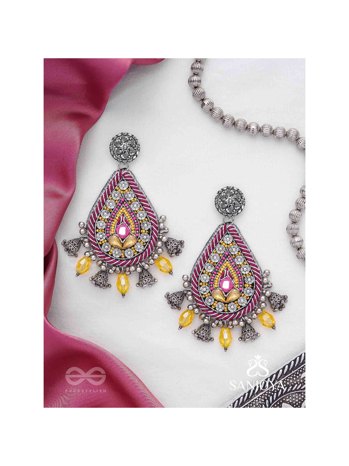 Jatimaha- The Festive Evening- Stones, Beads And Glass Drops Hand Embroidered Oxidised Earrings