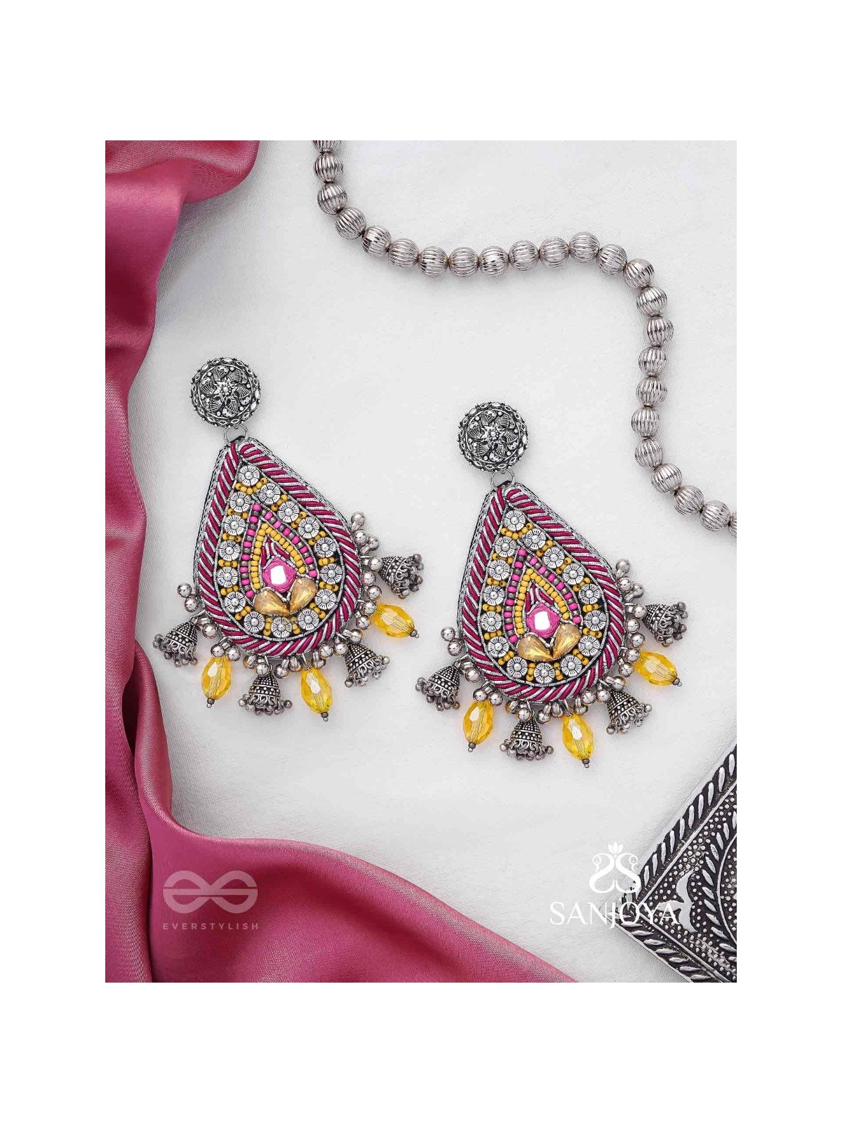 Jatimaha- The Festive Evening- Stones, Beads And Glass Drops Hand Embroidered Oxidised Earrings