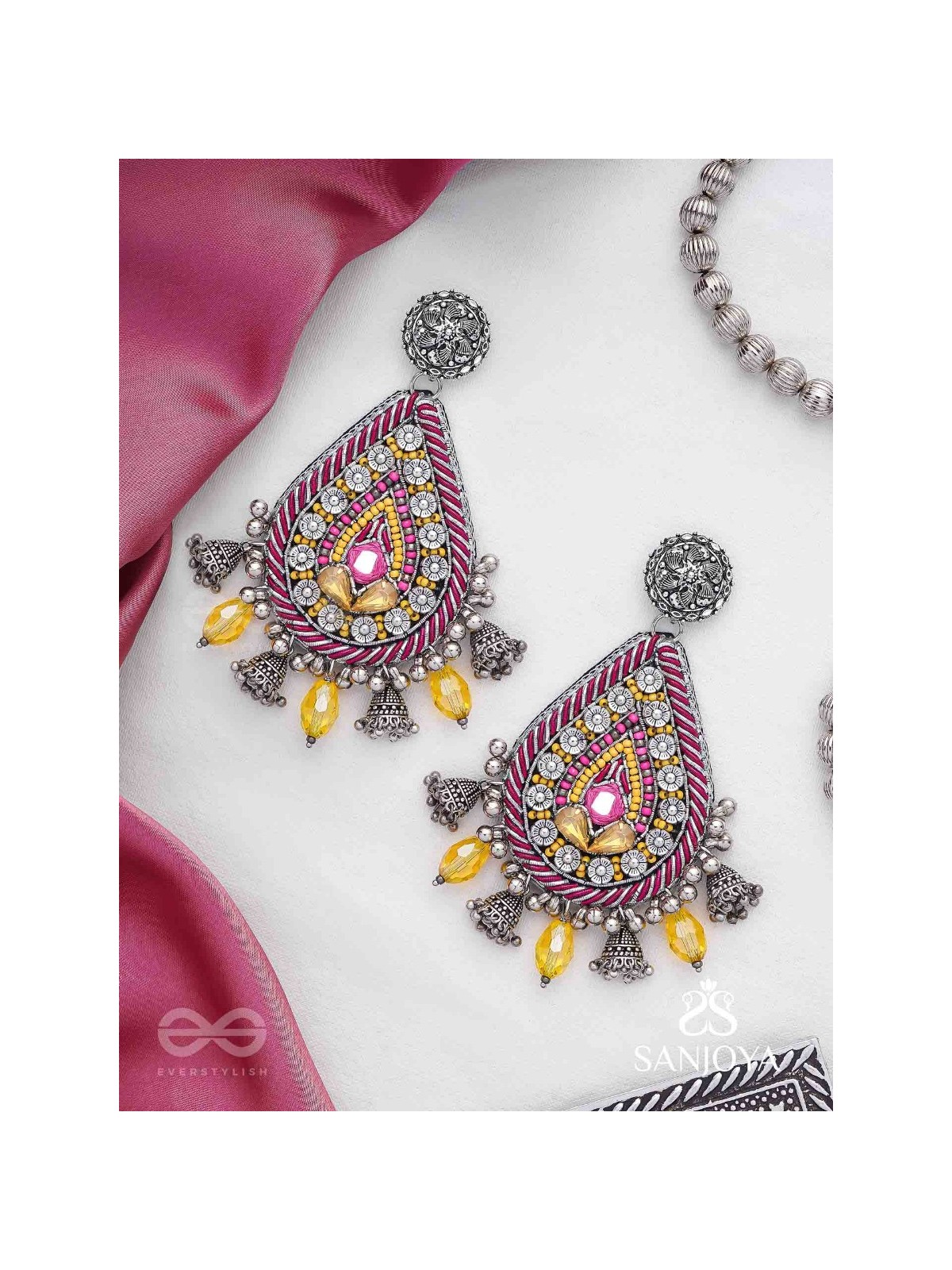 Jatimaha- The Festive Evening- Stones, Beads And Glass Drops Hand Embroidered Oxidised Earrings