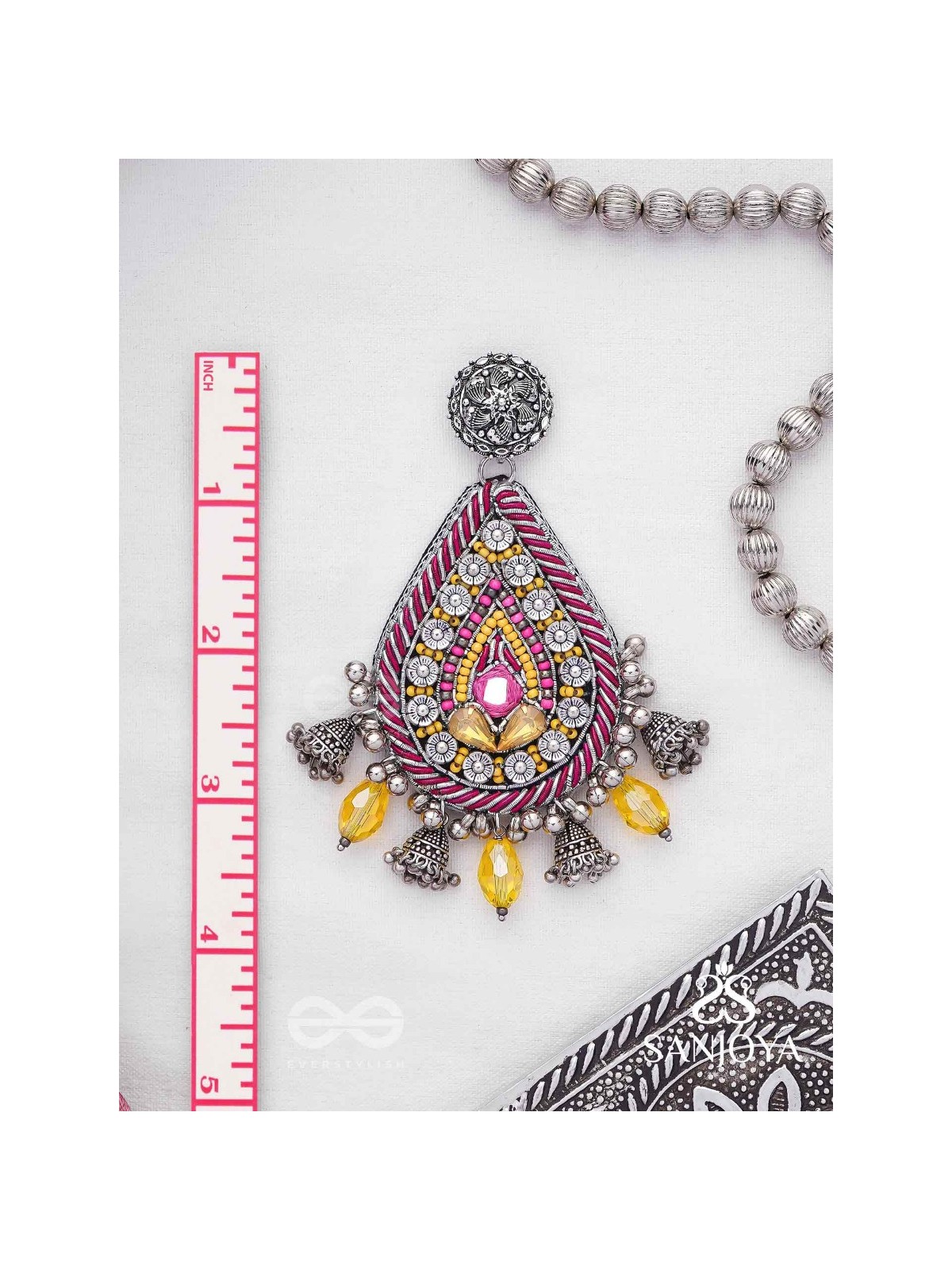 Jatimaha- The Festive Evening- Stones, Beads And Glass Drops Hand Embroidered Oxidised Earrings