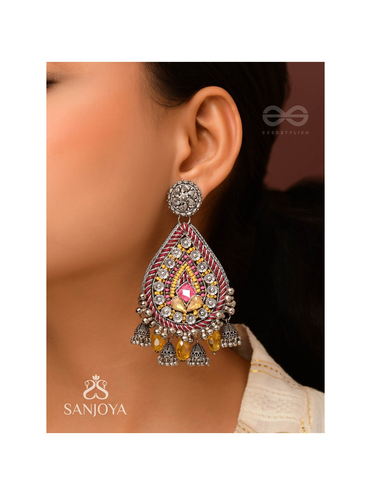Jatimaha- The Festive Evening- Stones, Beads And Glass Drops Hand Embroidered Oxidised Earrings