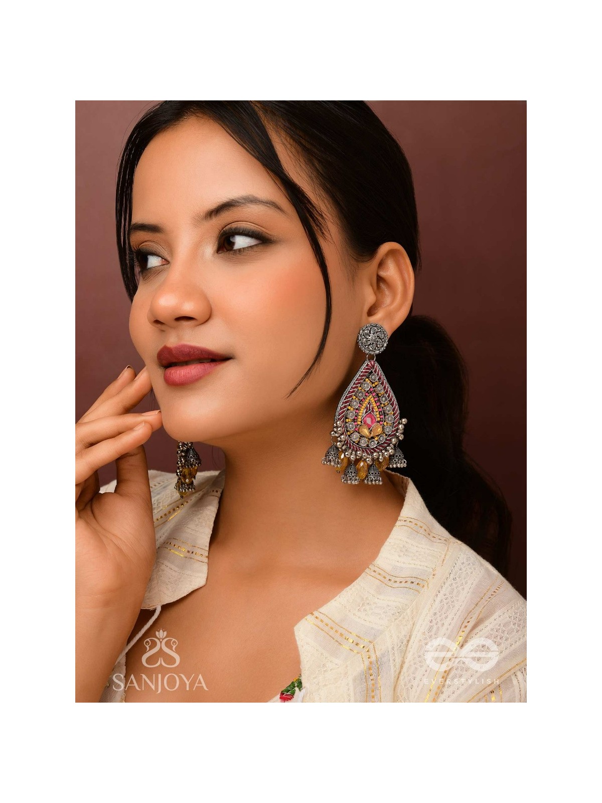 Jatimaha- The Festive Evening- Stones, Beads And Glass Drops Hand Embroidered Oxidised Earrings