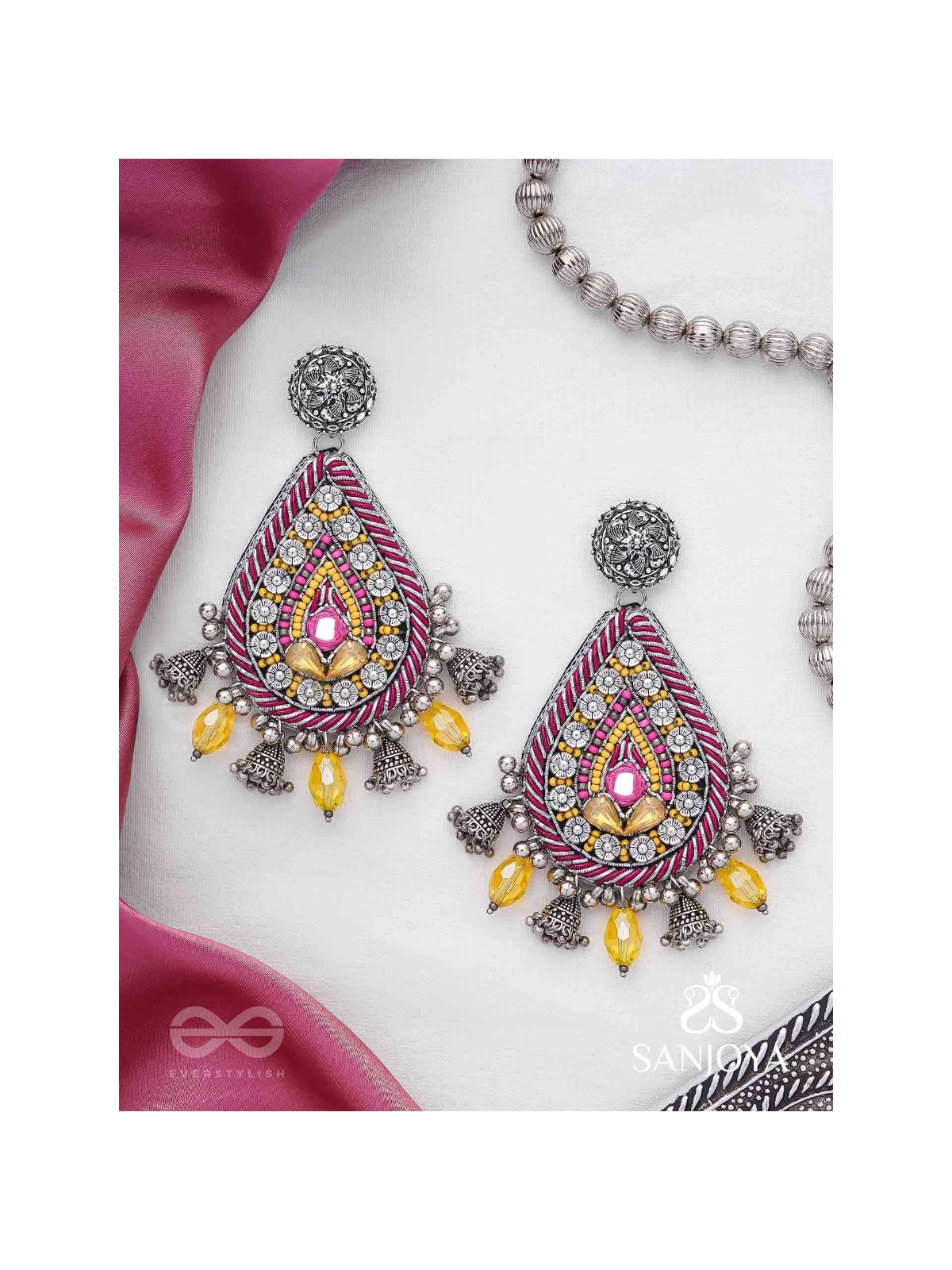 Jatimaha- The Festive Evening- Stones, Beads And Glass Drops Hand Embroidered Oxidised Earrings