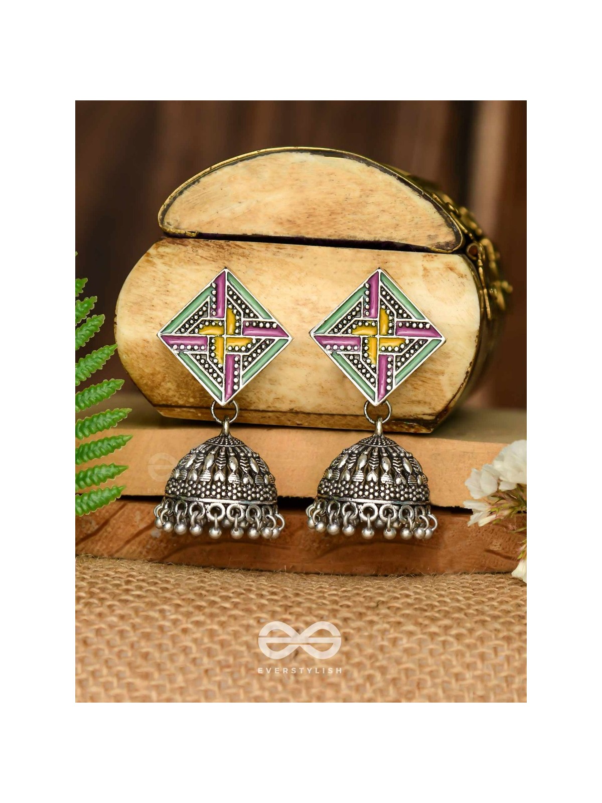 The Dazzled Chakravyuh- Enamelled Oxidised Jhumka Earrings