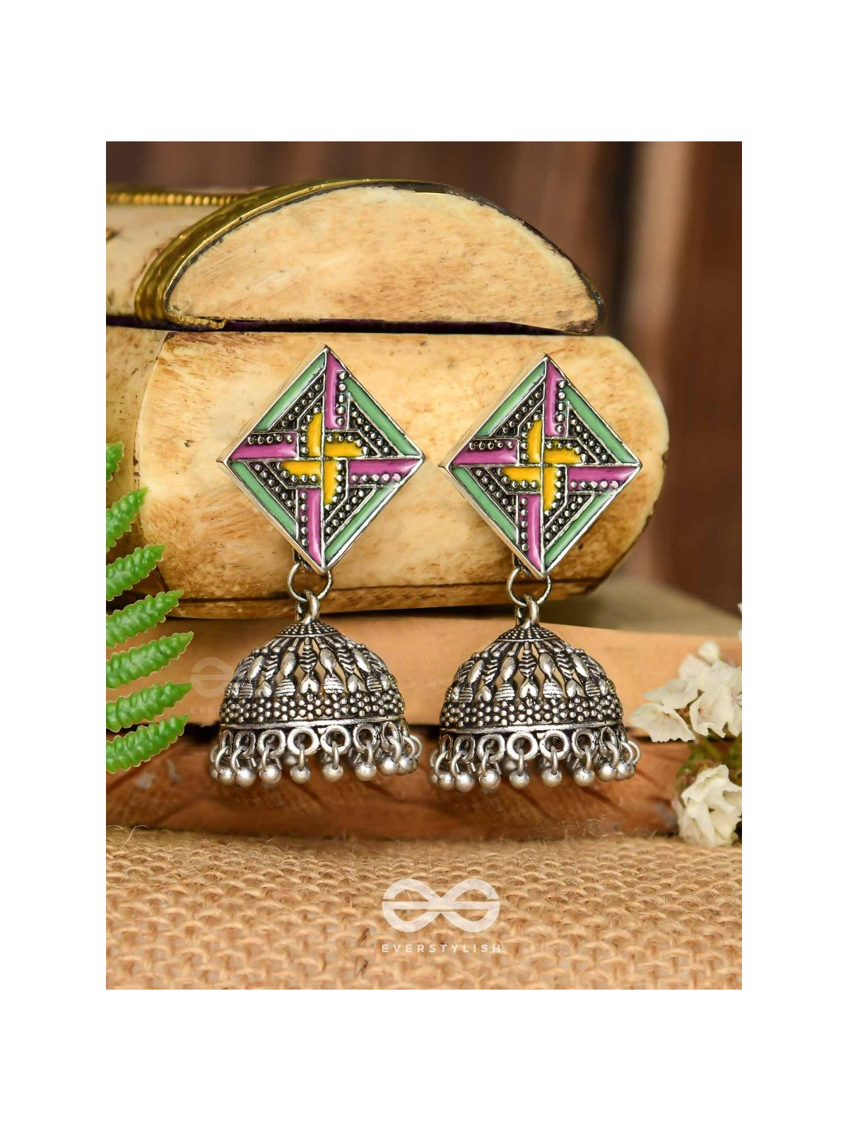 The Dazzled Chakravyuh- Enamelled Oxidised Jhumka Earrings