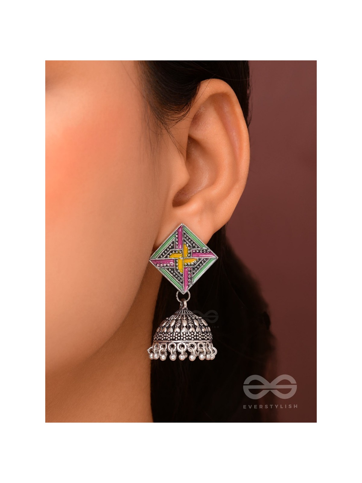 The Dazzled Chakravyuh- Enamelled Oxidised Jhumka Earrings